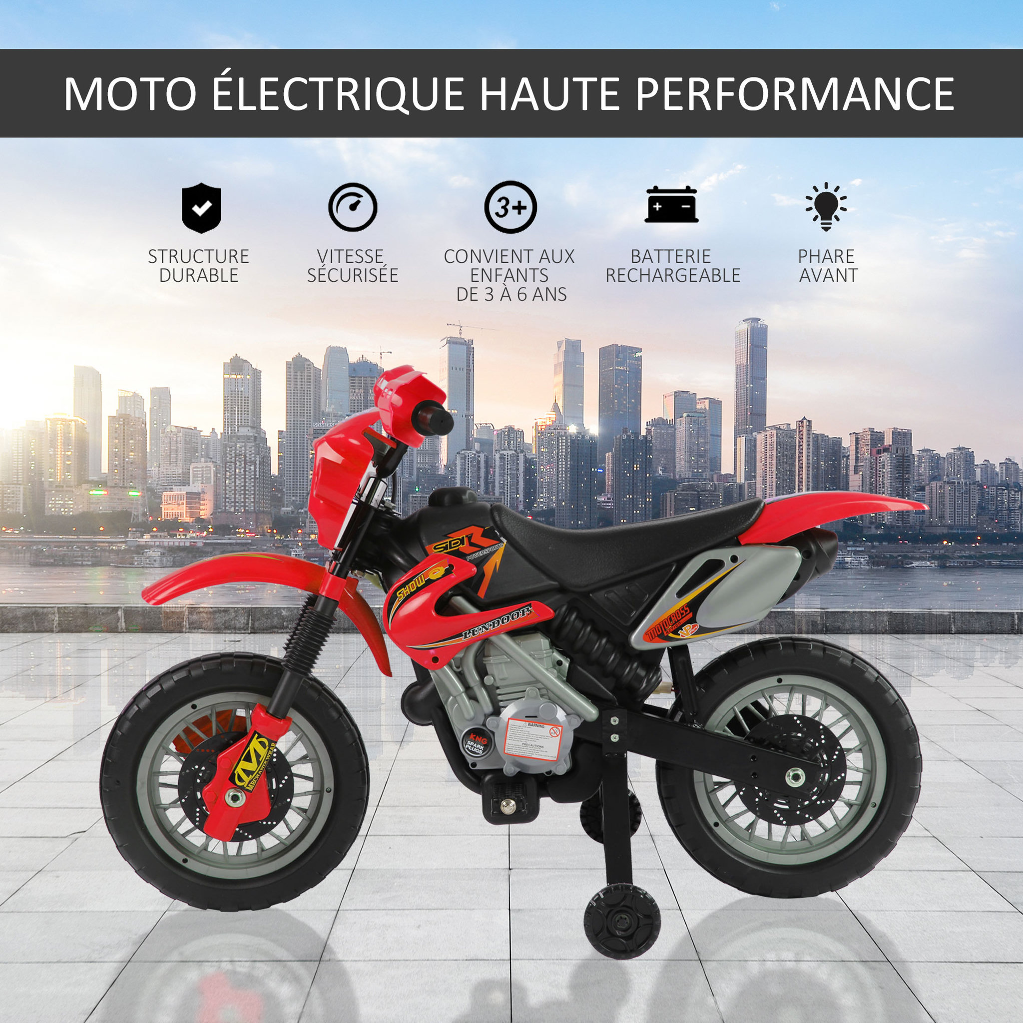 Voir la diapositive 4 : HOMCOM Moto cross électrique enfant 3 à 6 ans 6 V phares klaxon musiques 102 x 53 x 66 cm rouge et noir