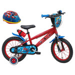 Marvel Vélo enfant - Modèle 14'' Spiderman + Casque - Pour enfant de 95 à 110 cm avec stabilisateurs - Plaque décorative avant - Bidon arrière & 2 freins.