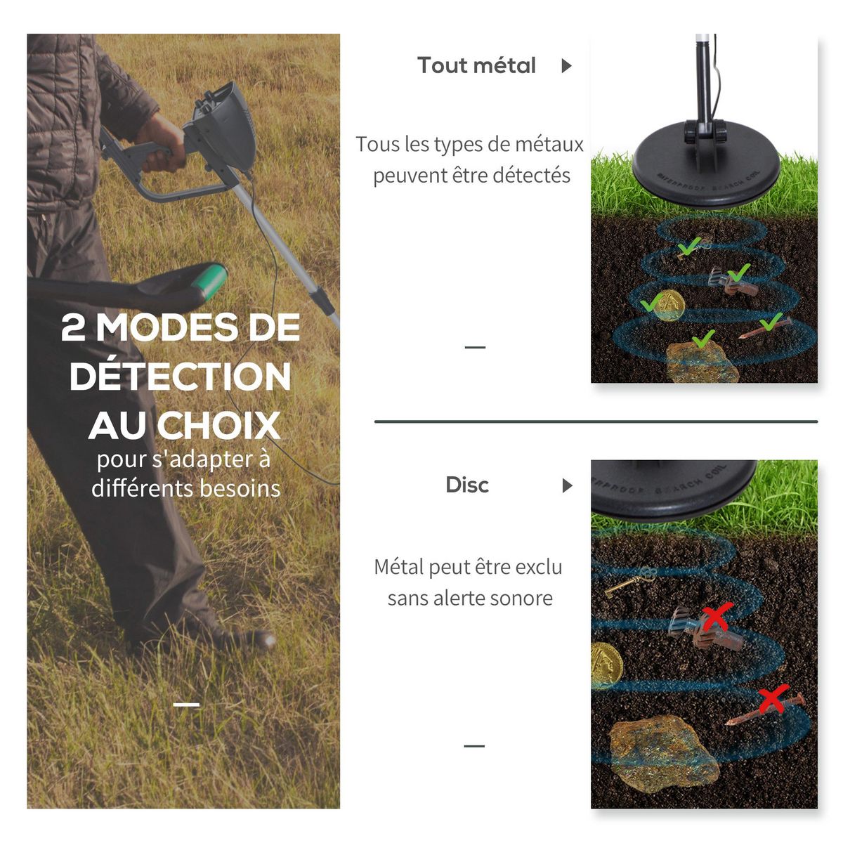 OUTSUNNY Détecteur de métaux - sensibilité, volume ajustable - bobine étanche, manche telescopique - alu. ABS noir