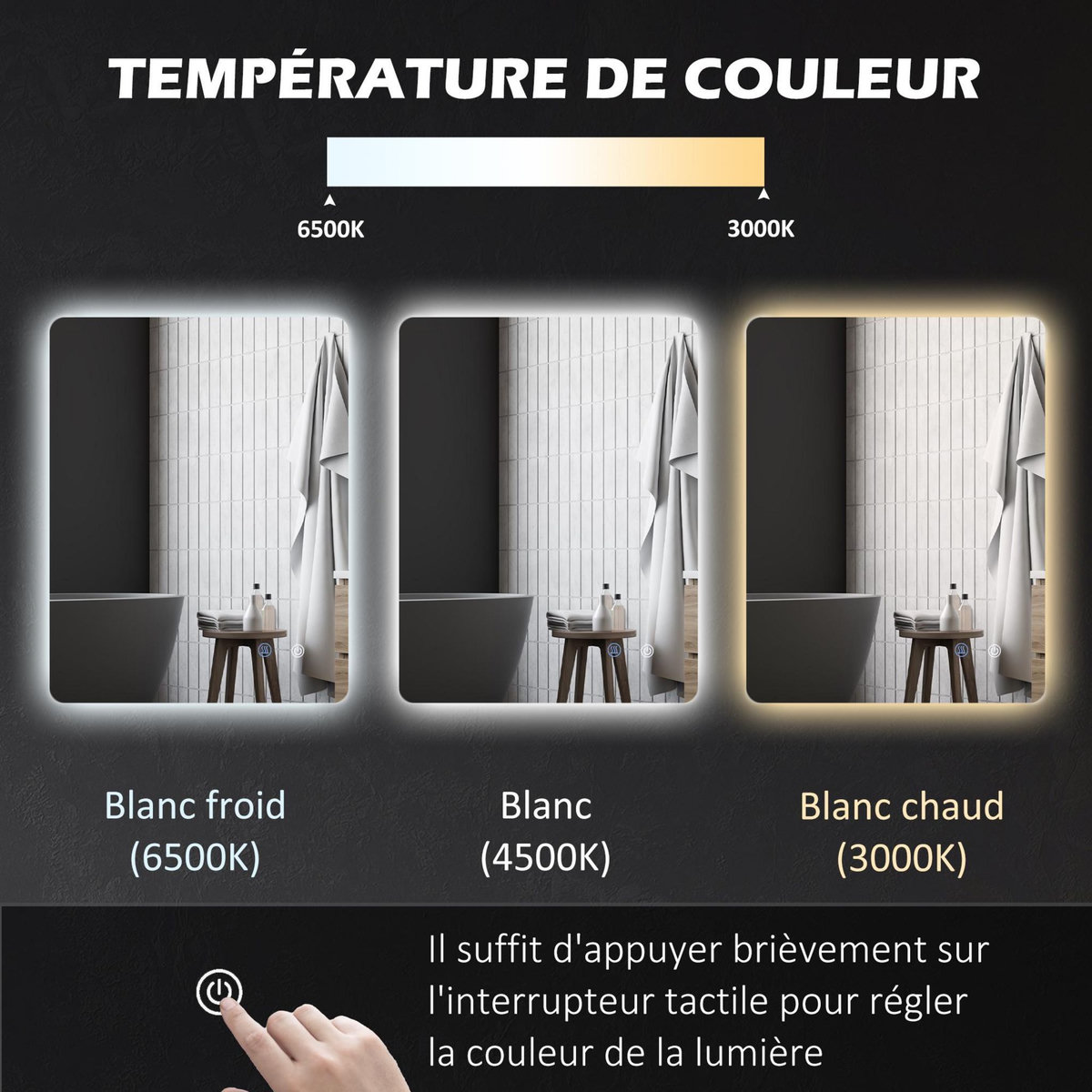 KLEANKIN Miroir rectangulaire mural lumineux LED de salle de bain - 80 x 60 cm - 3 couleurs, luminosité réglable interrupteur tactile système antibuée blanc transparent