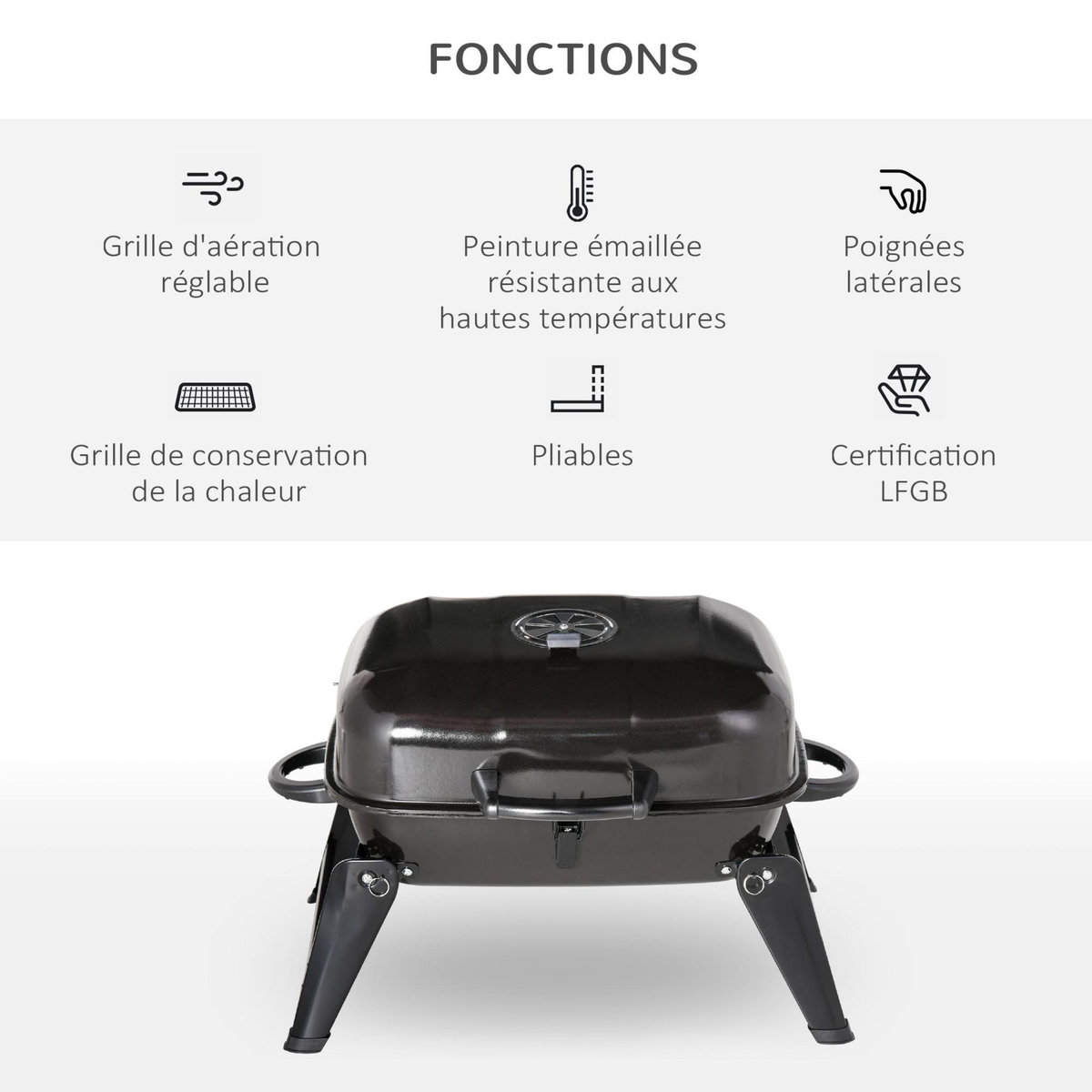 OUTSUNNY Barbecue au charbon de bois BBQ grill portable et pliable avec couvercle dim. 59 x 43 x 39 cm noir
