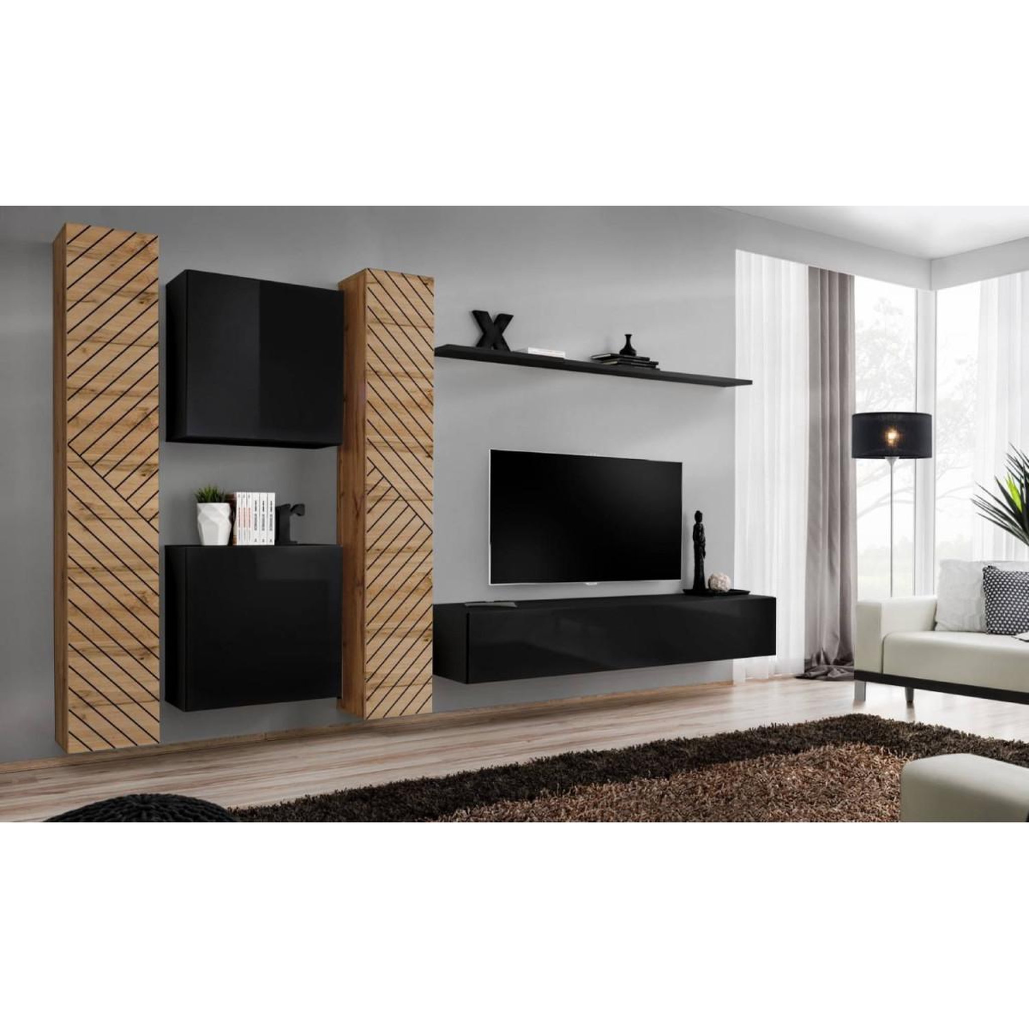 Voir la diapositive 2 : Paris Prix Ensemble meuble tv  switch lamel vi  330cm noir & naturel