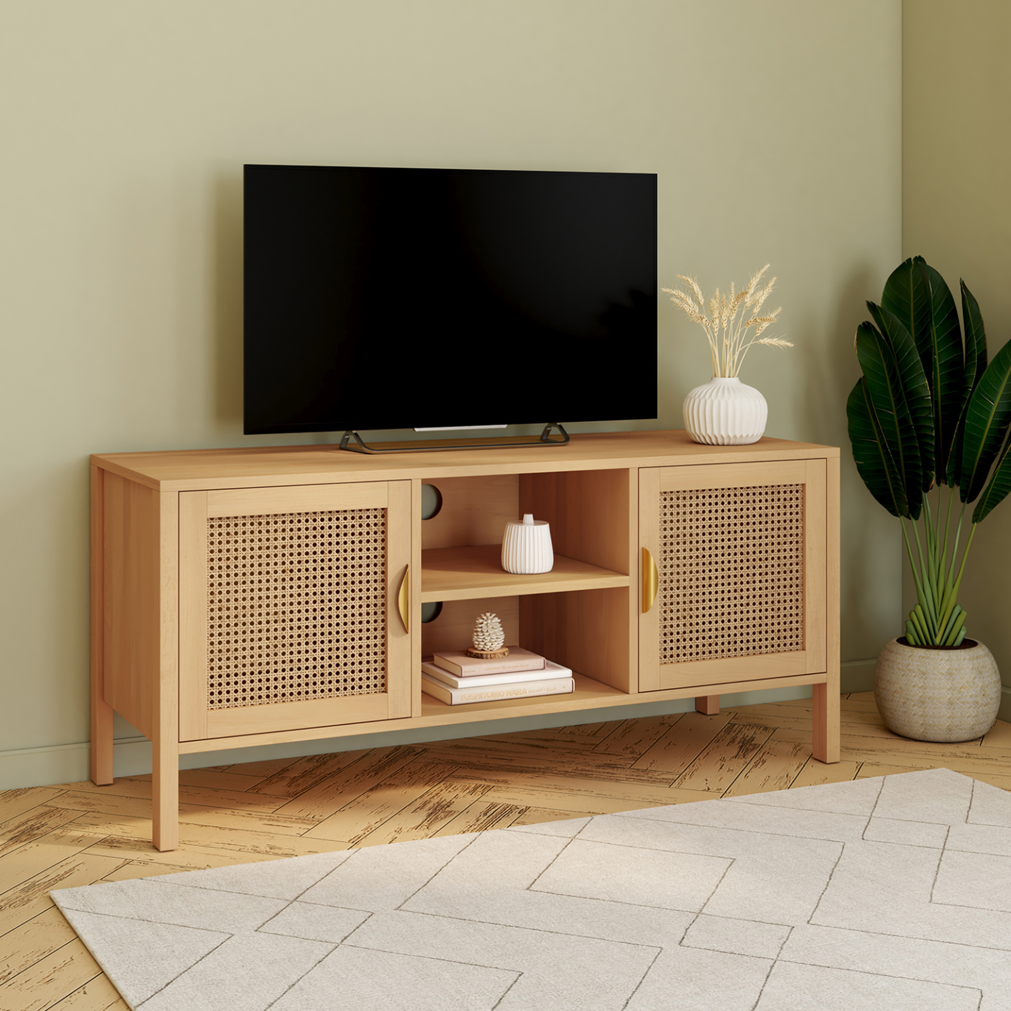 Voir la diapositive 2 : ID MARKET Meuble tv 110 cm edhen 2 portes bois et cannage