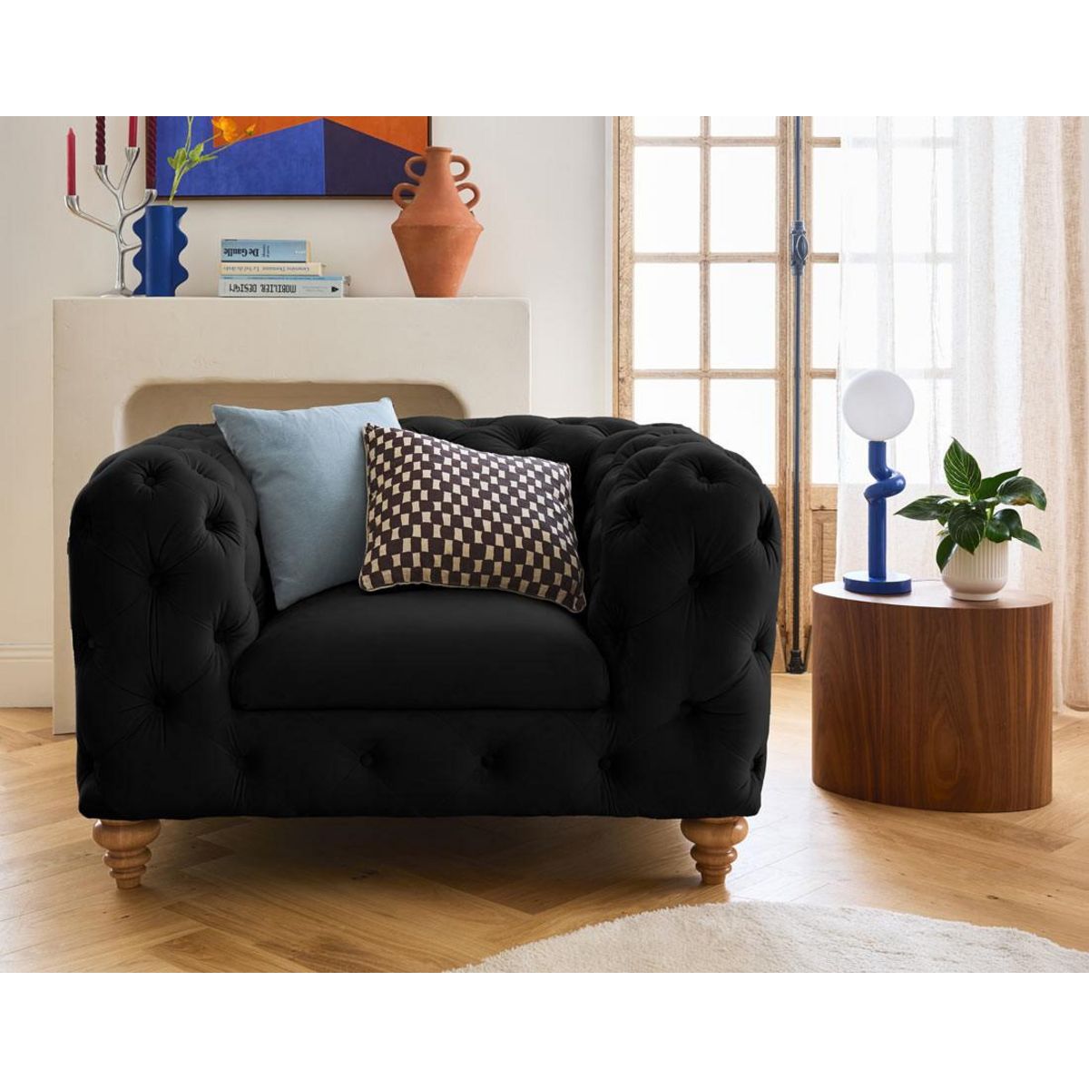 LISA DESIGN Walter - fauteuil chesterfield en velours - pieds bois