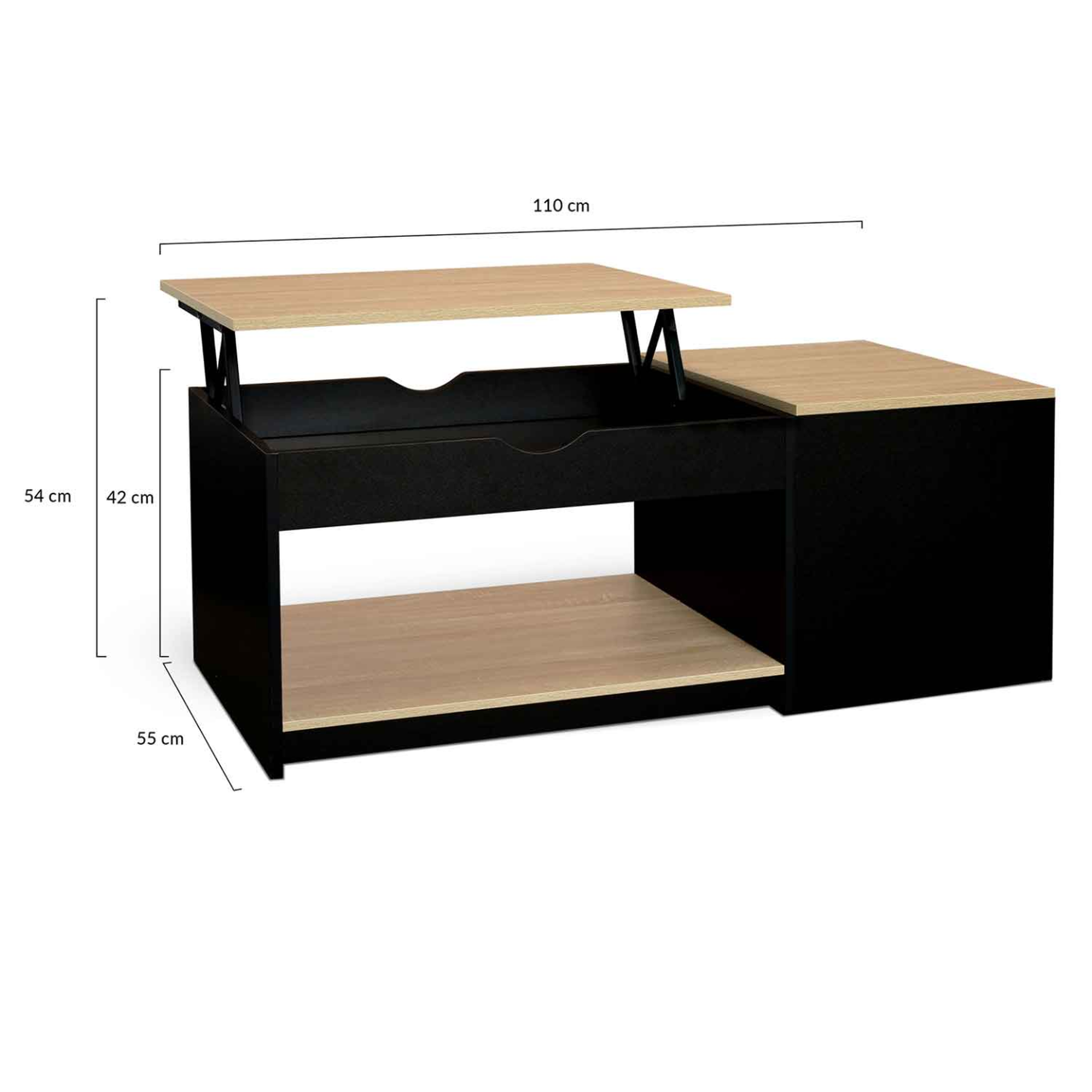 Voir la diapositive 5 : ID MARKET Table basse 2 plateaux relevables rectangulaire elea avec coffre bois noir et façon hêtre