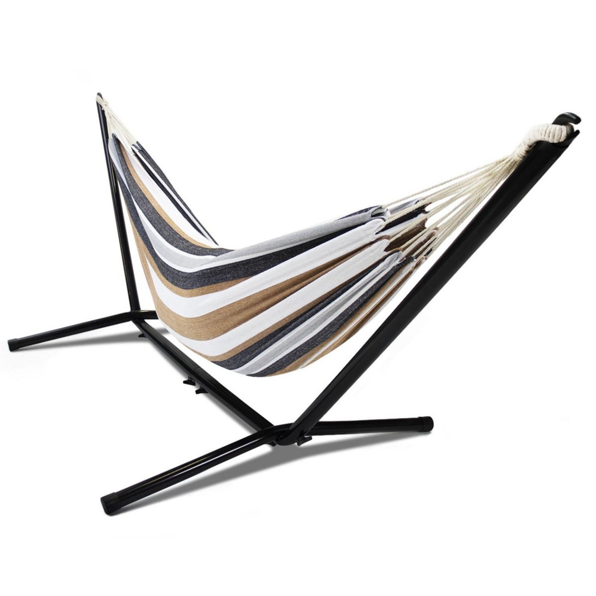 ID MARKET Hamac avec support métal et toile rayée noire, blanche et chocolat