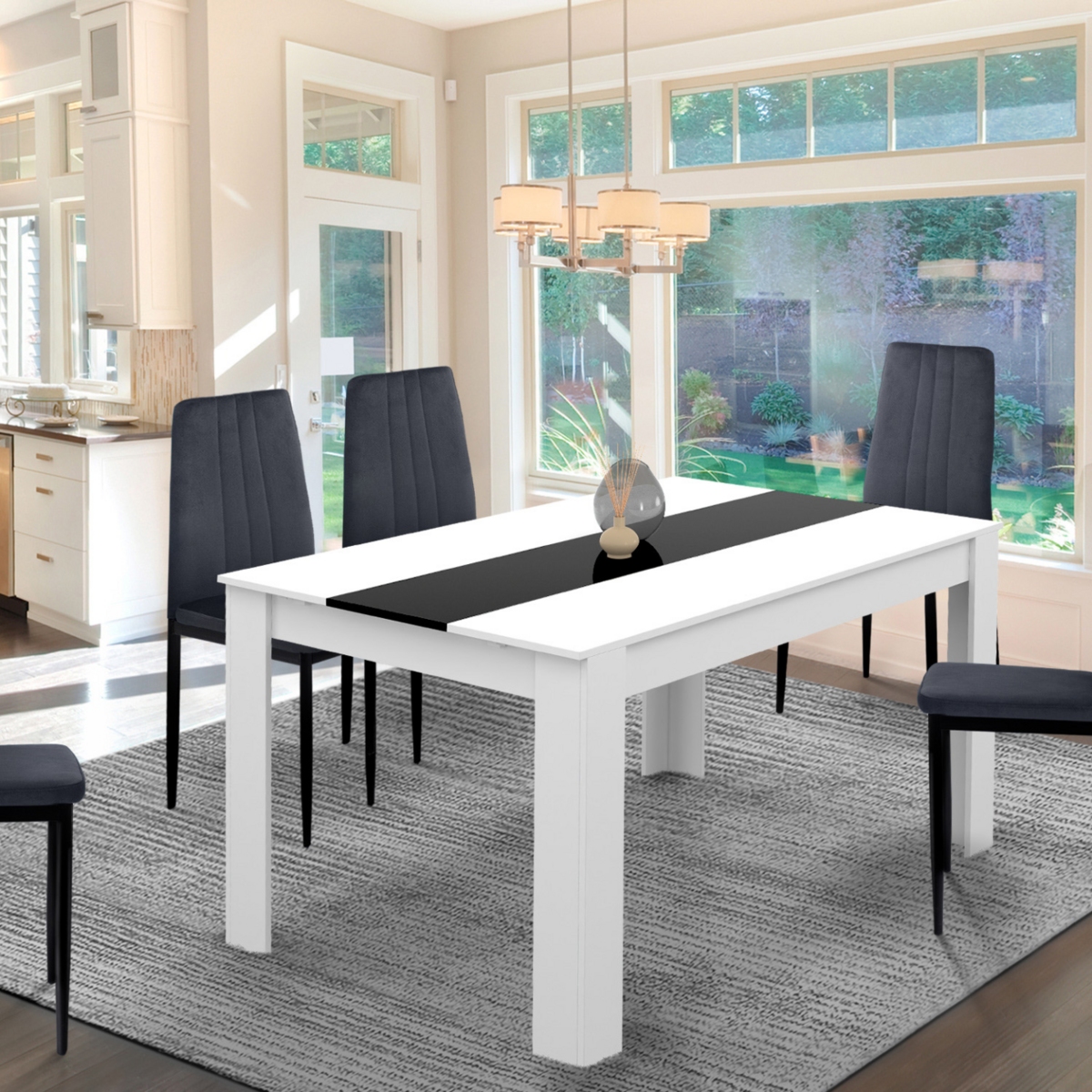 ID MARKET Table à manger extensible rectangle GEORGIA 6-10 personnes blanche et noire 140-220 x 90 cm