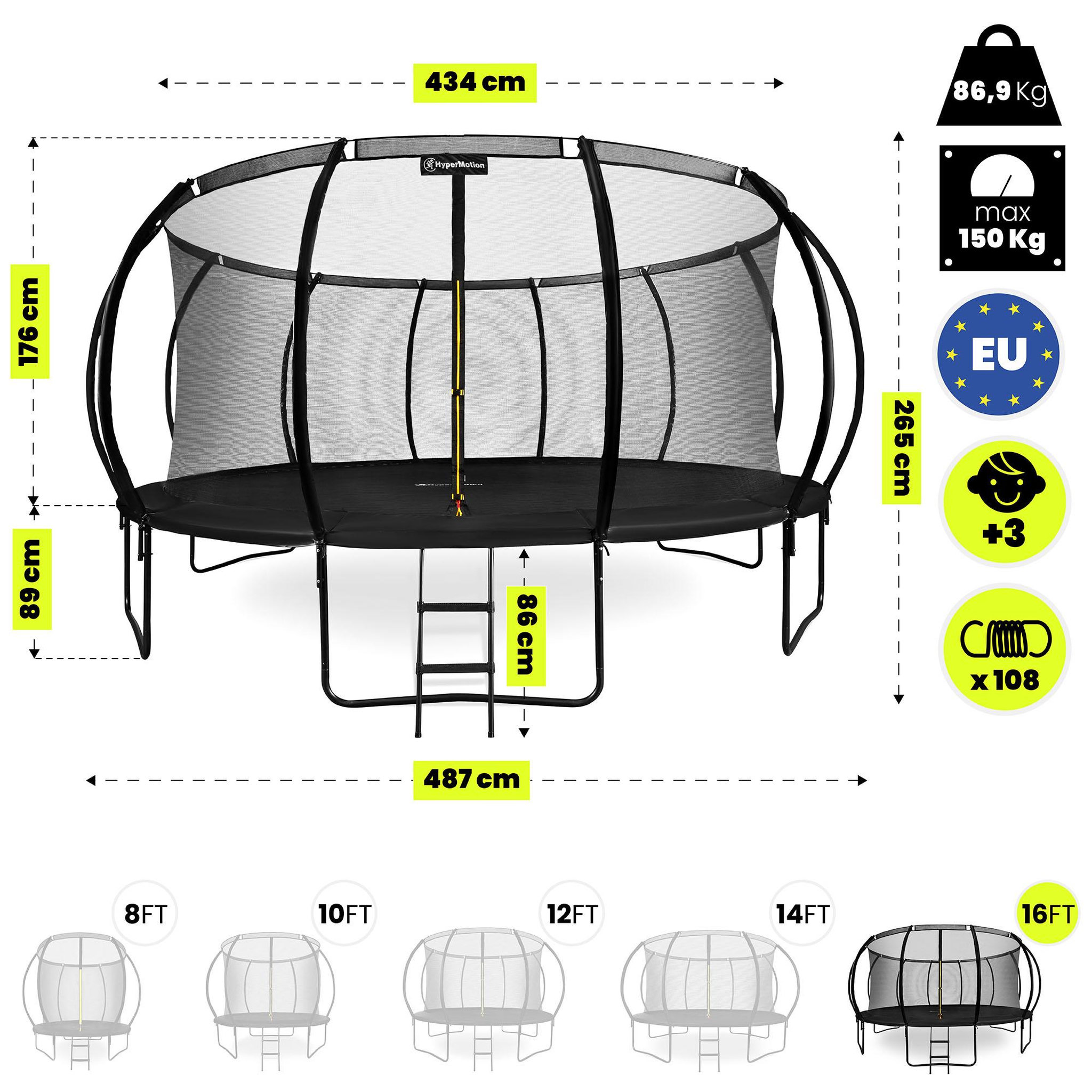 Voir la diapositive 5 : HYPERMOTION Trampoline Géant XXL - 487 cm (16ft), Trampoline Jardin Ultra Robuste + Échelle - Max 150kg