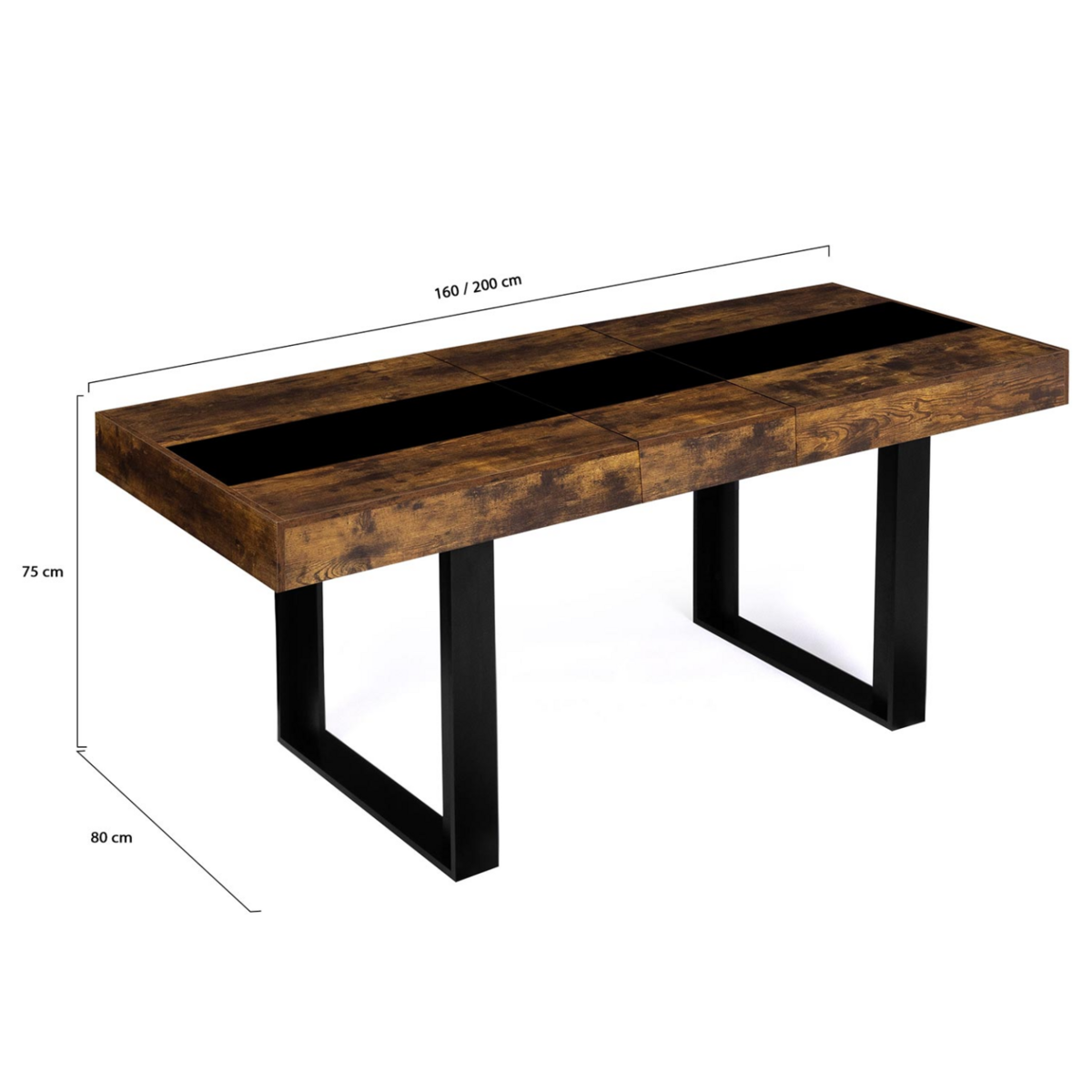 ID MARKET Table à manger extensible rectangle PHOENIX 4-8 personnes bois effet vieilli et noir bande centrale noire 160-200 cm