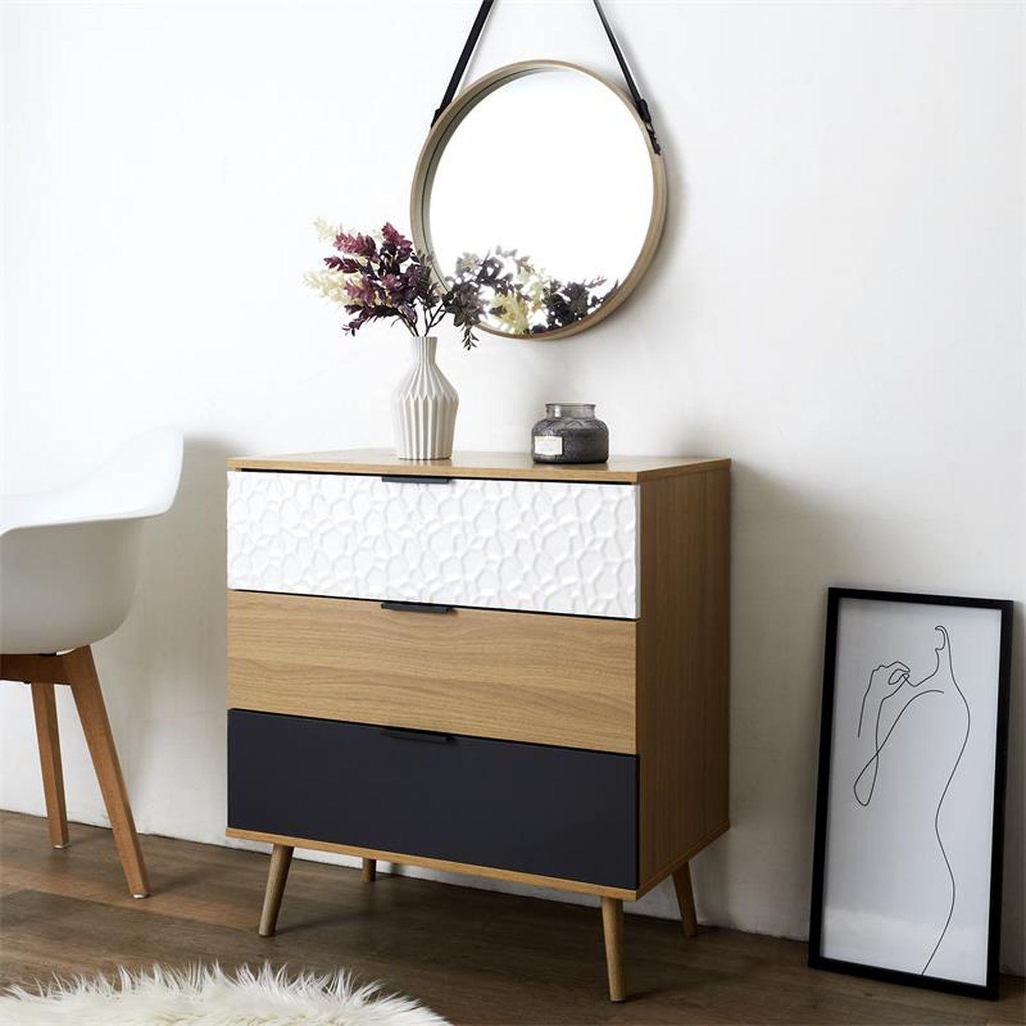 Voir la diapositive 2 : The Home Deco Factory Commode 3 tiroirs modèle sven - h. 80 cm. - bois