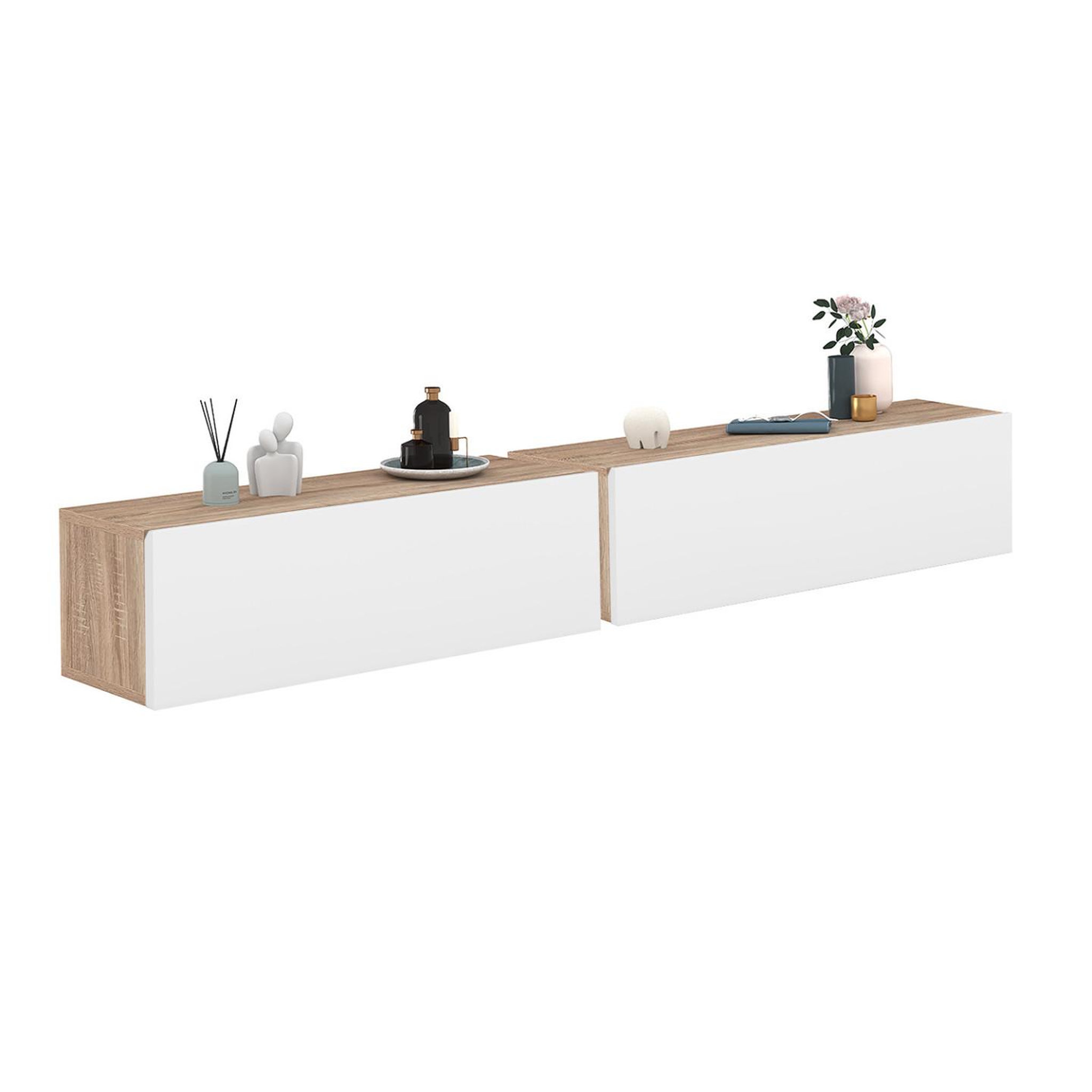 ID MARKET Lot de 2 consoles suspendues étagères murales elyos 1 porte bois et blanc