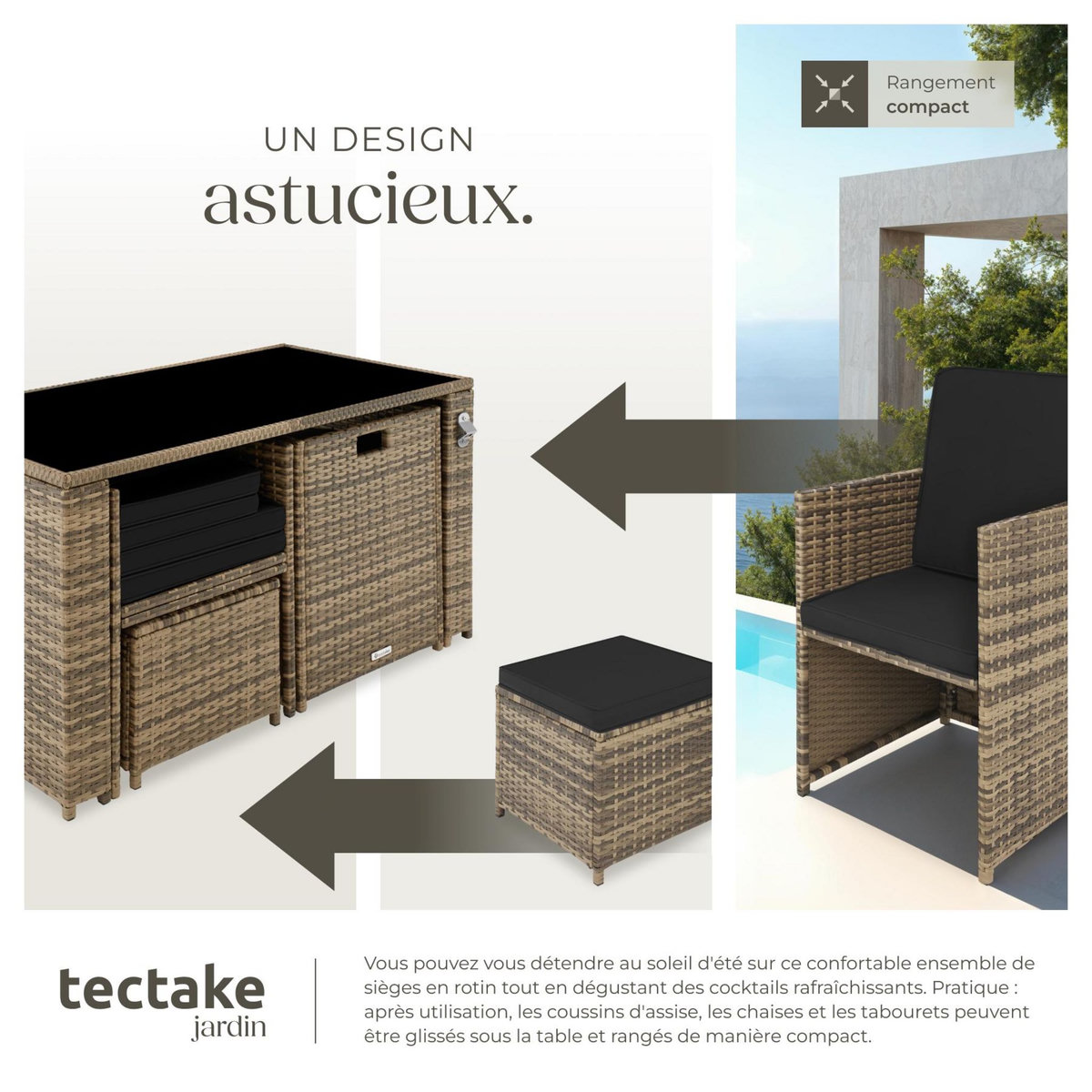 tectake Salon de jardin en résine tressée pour 2 à 4 personnes marron naturel