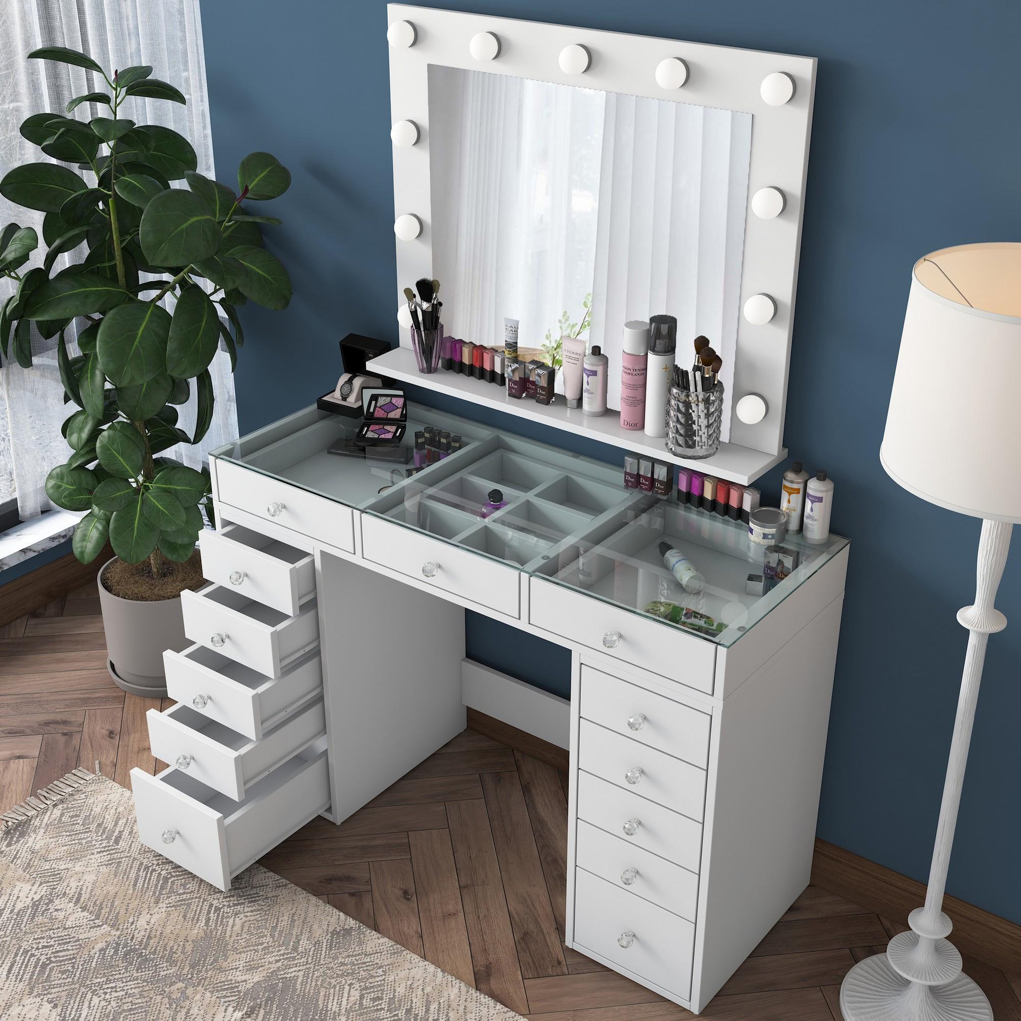 Voir la diapositive 2 : Habitat et Jardin Coiffeuse avec miroir en bois  baria  - 120 x 44 x 80 cm - blanc