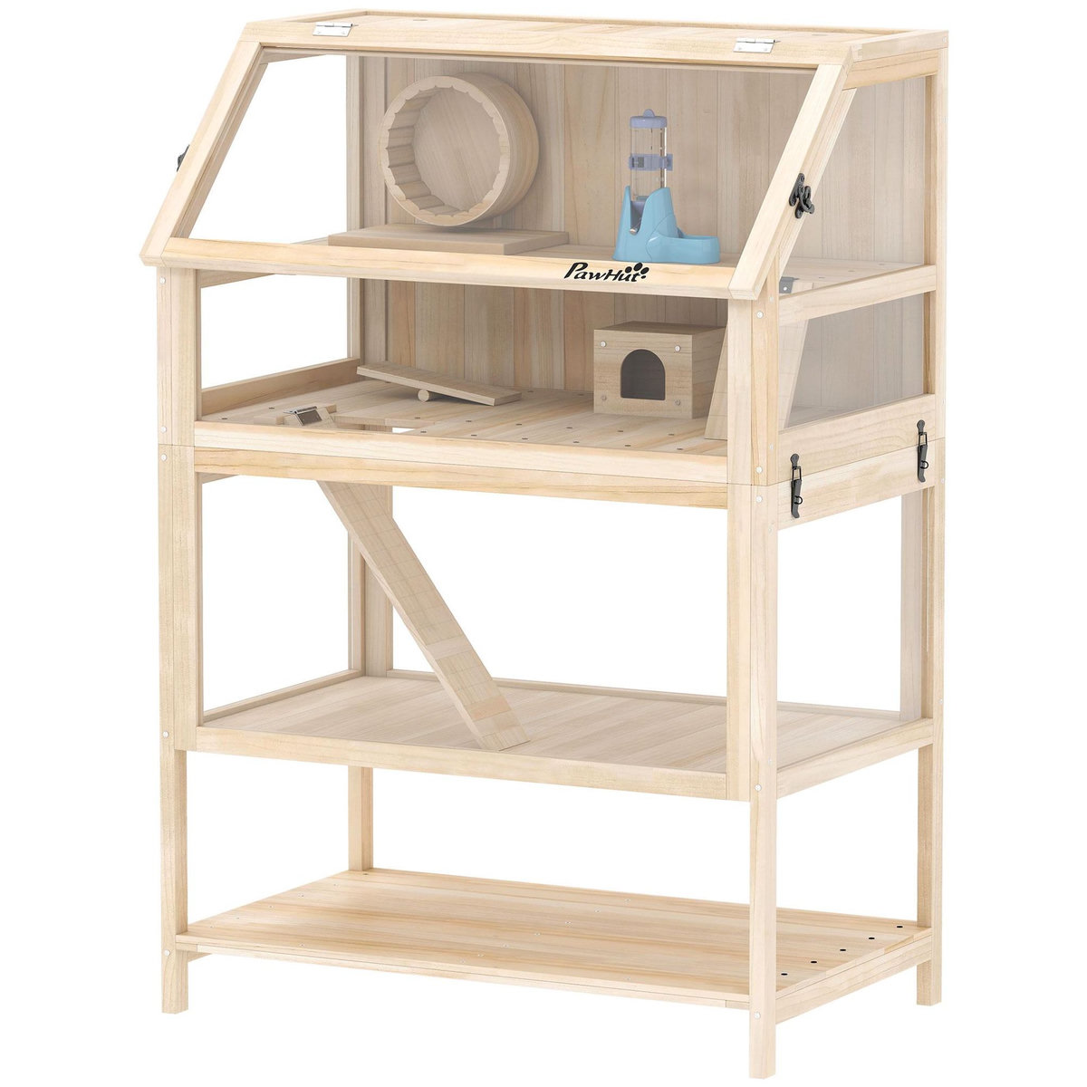 PAWHUT Cage hamster bois 3 niveaux accessoires étagère sapin acrylique