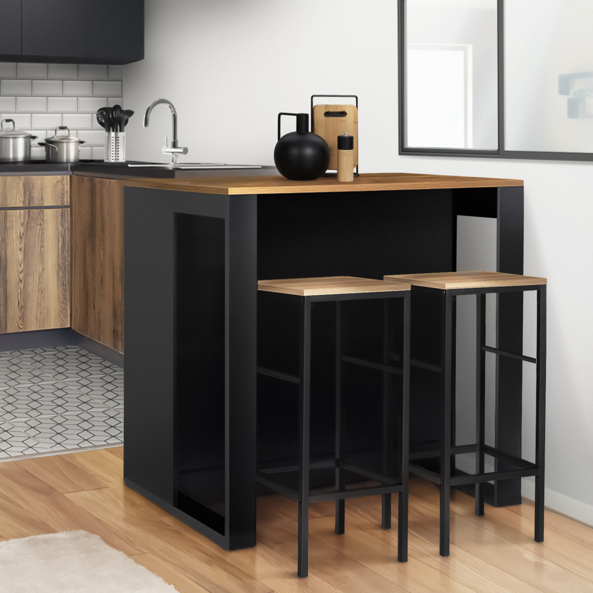 ID MARKET Table de bar îlot JUNO bois noir et plateau foncé HAWKINS