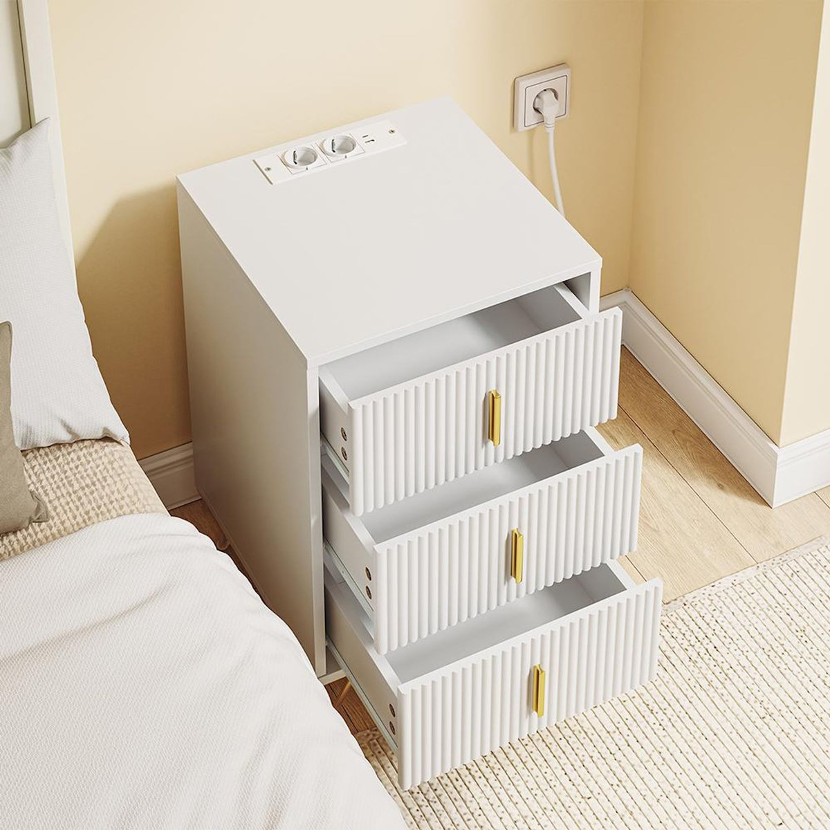 SOBUY Chevet 3 Tiroirs avec Chargeur Sans Fil Blanc 40x36x63cm FBT115-L-E-W