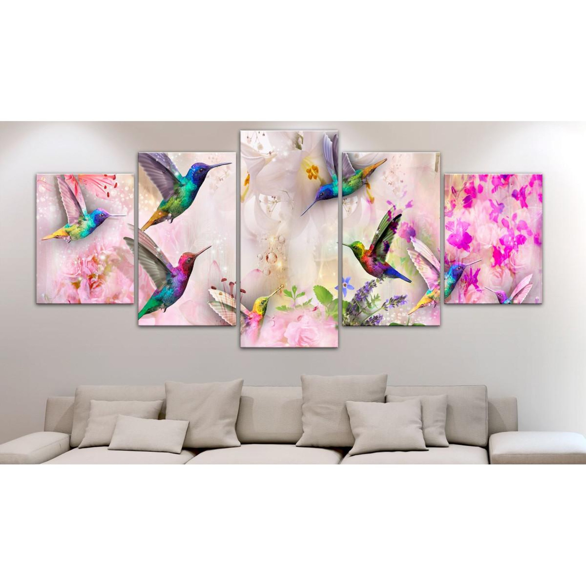Voir la diapositive 2 : Paris Prix Tableau 5 Panneaux  Colourful Hummingbirds Wide Pink