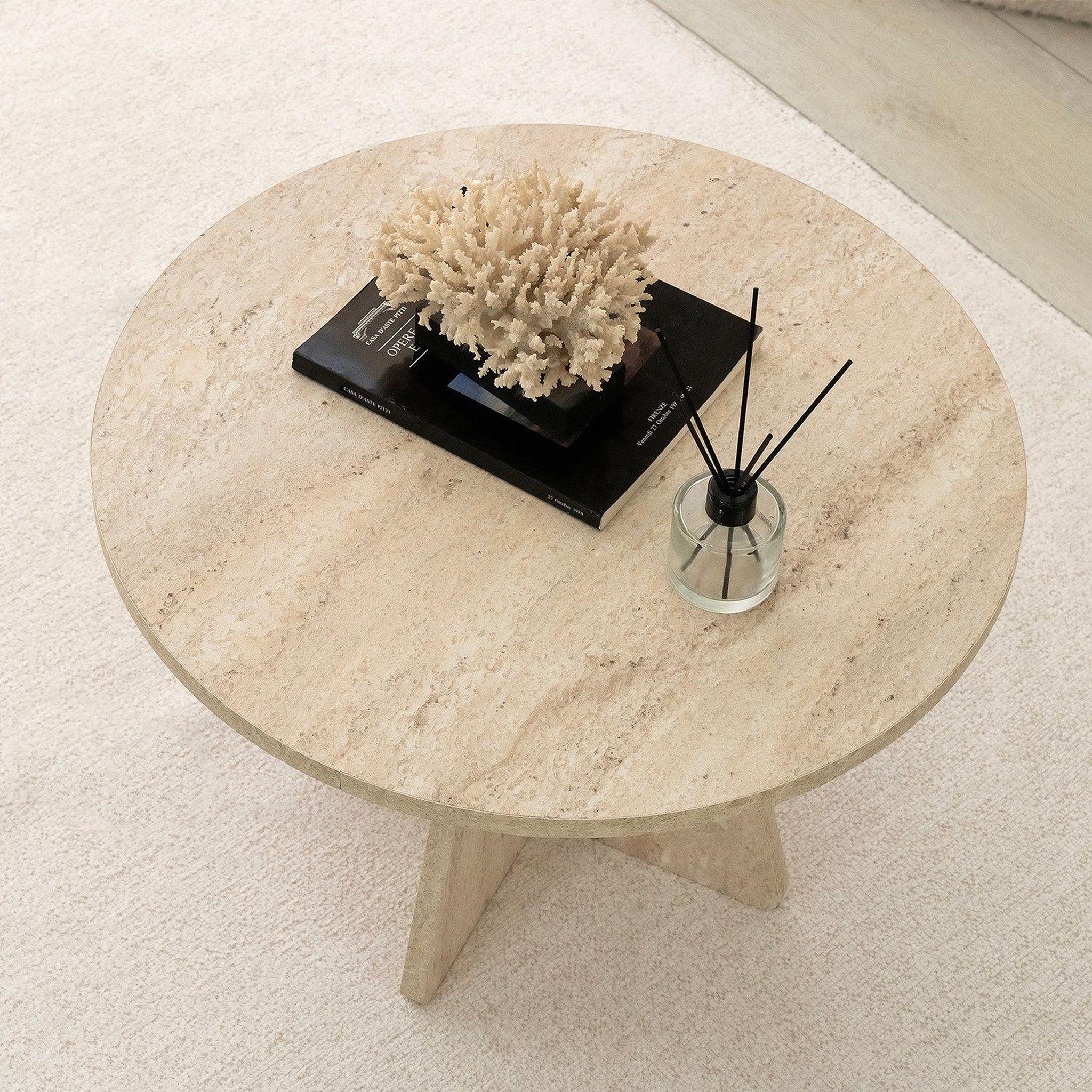Voir la diapositive 5 : TOILINUX Table basse ronde effet travertin valence - beige