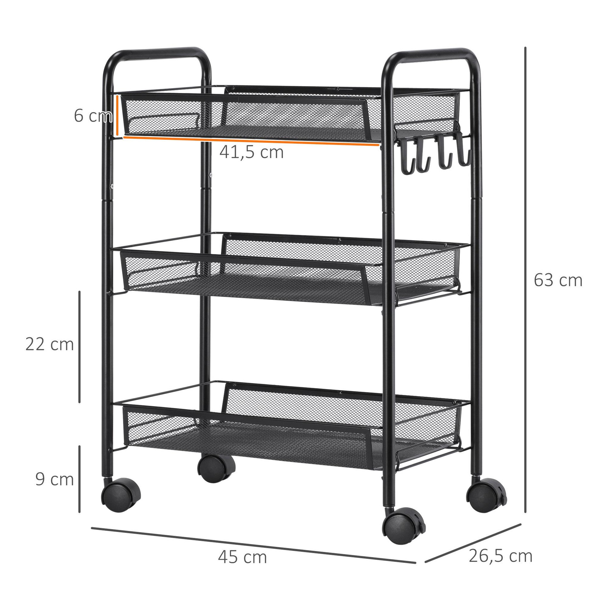 Voir la diapositive 3 : HOMCOM Chariot desserte 3 paniers 4 crochets acier noir