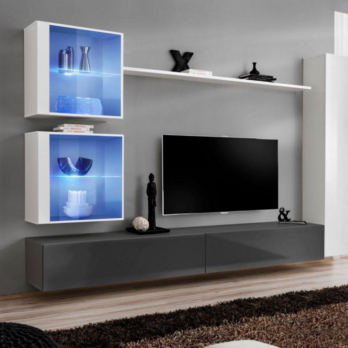 Paris Prix Meuble TV Mural Design  Switch XVIII  280cm Gris & Blanc