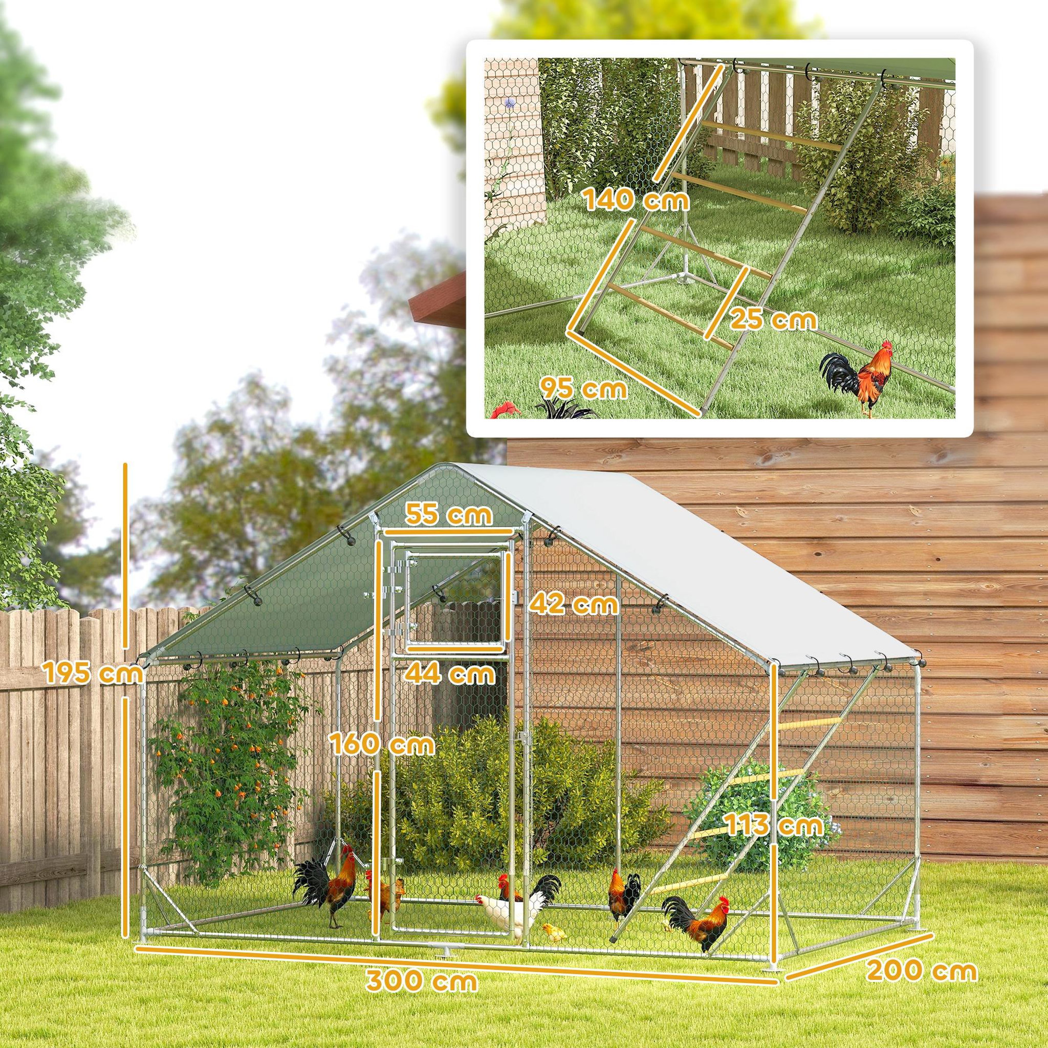 Voir la diapositive 3 : PAWHUT Enclos poulailler 6 m² entièrement couvert - perchoir, mangeoire à suspendre, porte, bâche - 3 x 2 x 1,95 m - acier gris