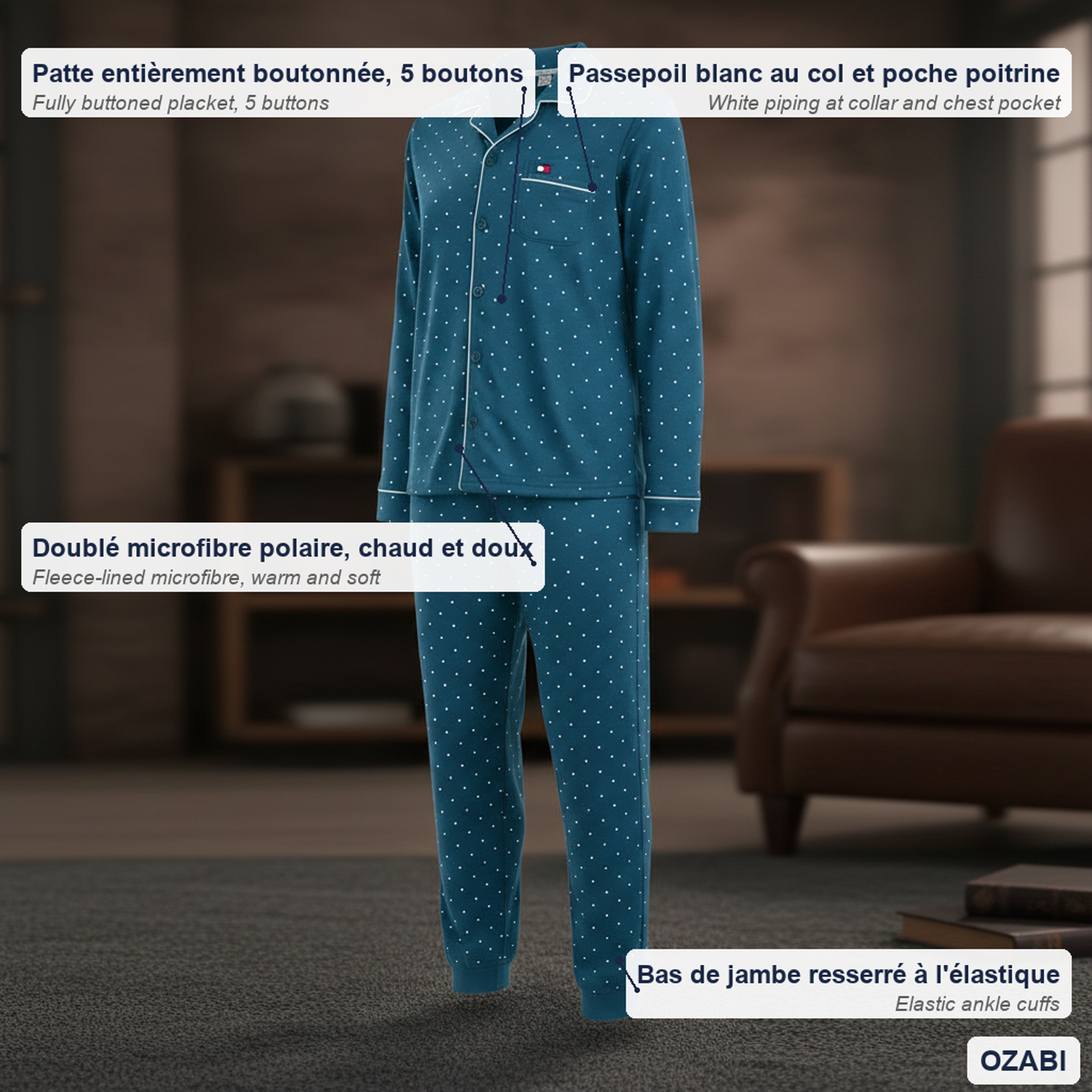 Voir la diapositive 5 : OZABI Ozabi ensemble pyjama homme doublé polaire boutonné petits pois