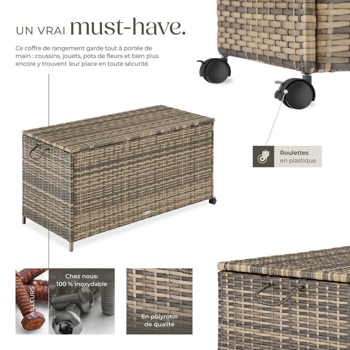 tectake Coffre de jardin caisse de rangement pour coussins 297 l, avec cadre en aluminium et tressage en rotin marron naturel