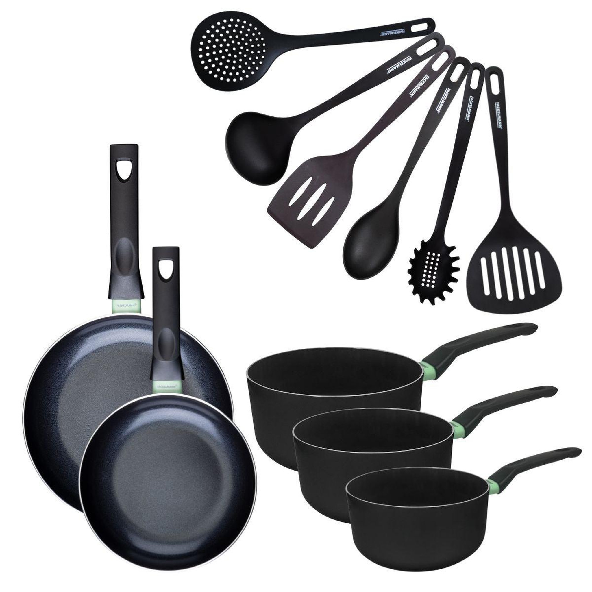 Fackelmann Set de 2 poêles 20 et 24 cm, 3 casseroles céramique 16, 18 et 20 cm et 6 ustensiles fackelmann brandao