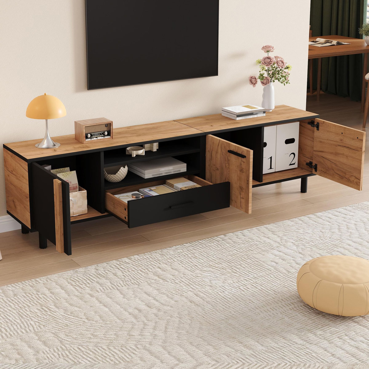 MERAX Meuble tv naturel+noir 180 cm panneau de particules