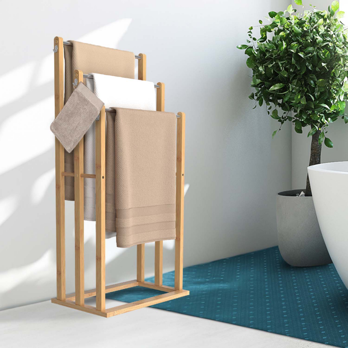 ID MARKET Porte-serviettes sur pied 3 niveaux RITA en bambou