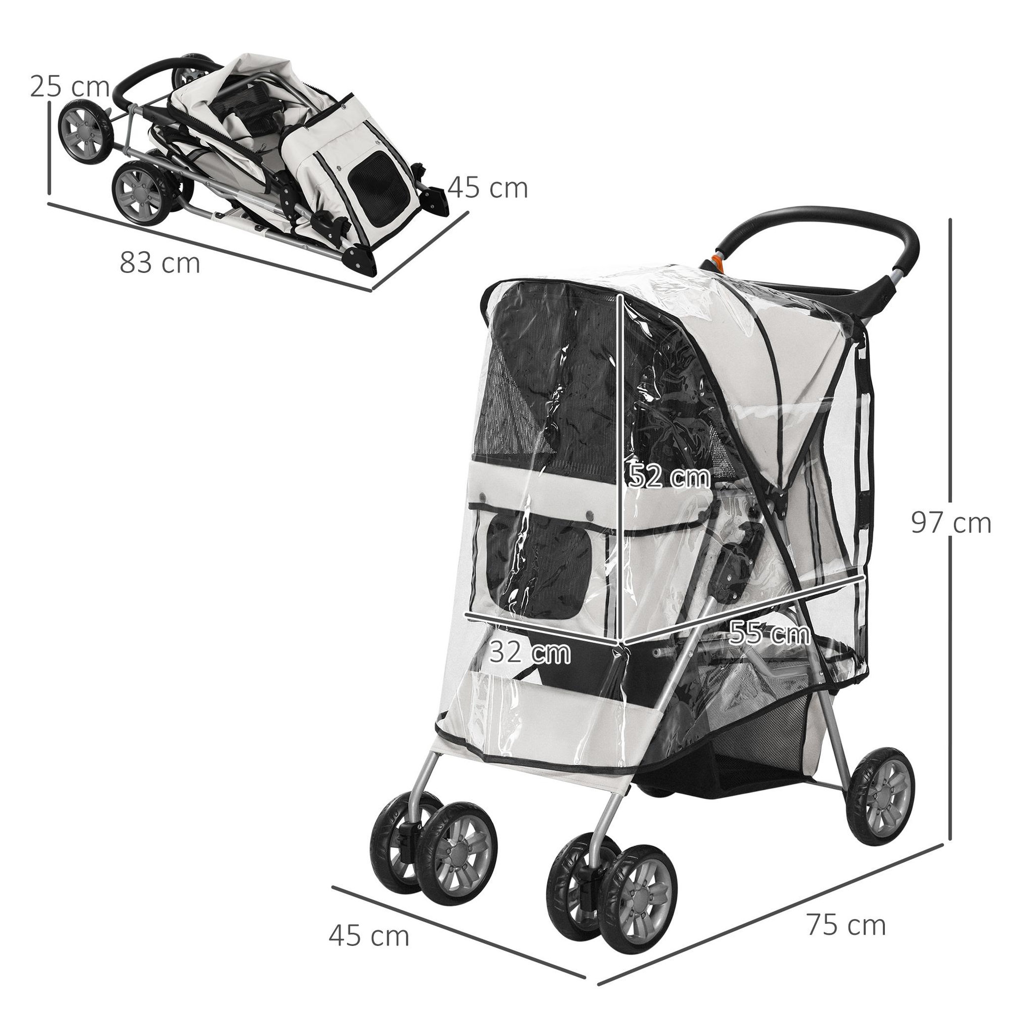 Voir la diapositive 3 : PAWHUT Poussette buggy pliable animaux chariot pliant chien chat porte-gobelet panier de rangement inclus roues avec frein tissu 600d oxford métal gris