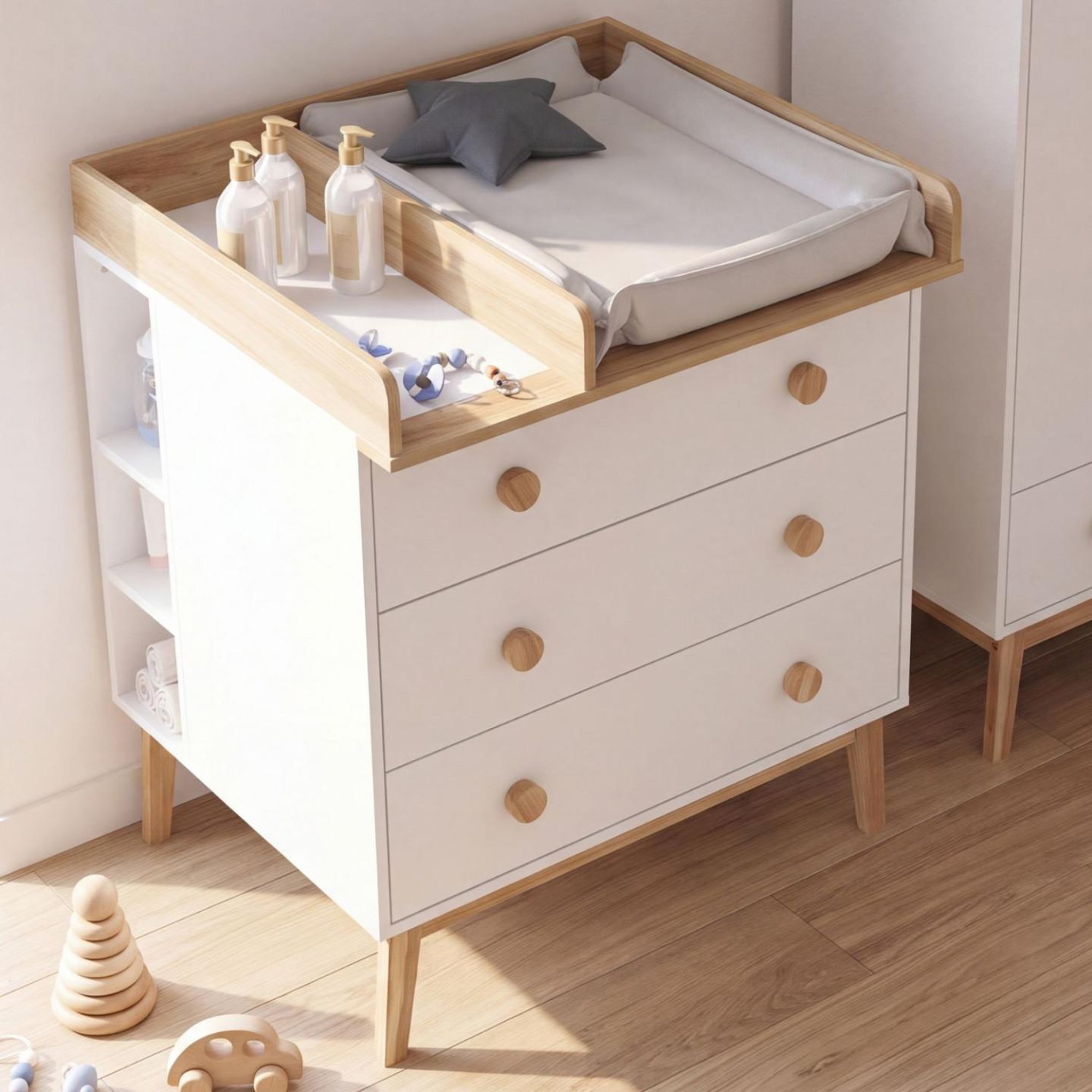 Voir la diapositive 2 : ID MARKET Commode à langer jacob blanc et bois 3 tiroirs, table à langer amovible et 2 étagères