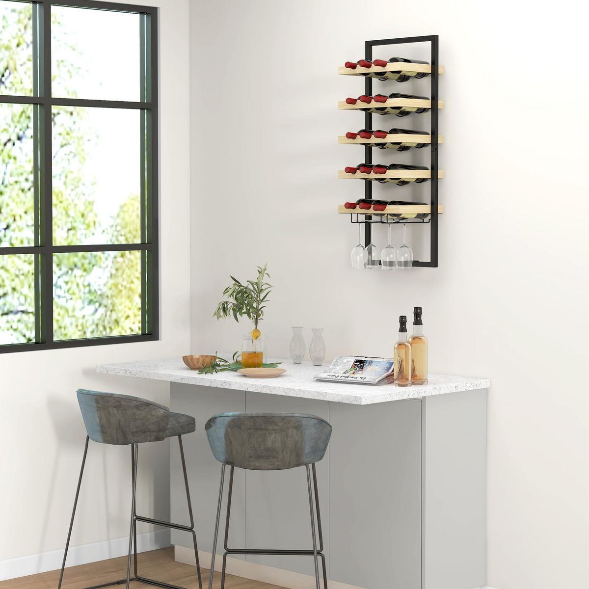 HOMCOM Étagère à bouteille, casier à bouteille mur, 5 niveaux pour 15 bouteilles 4 verres, pour bar à domicile cuisine salon, 35l x 25P x 86H cm, bois de pin, finition bois naturel