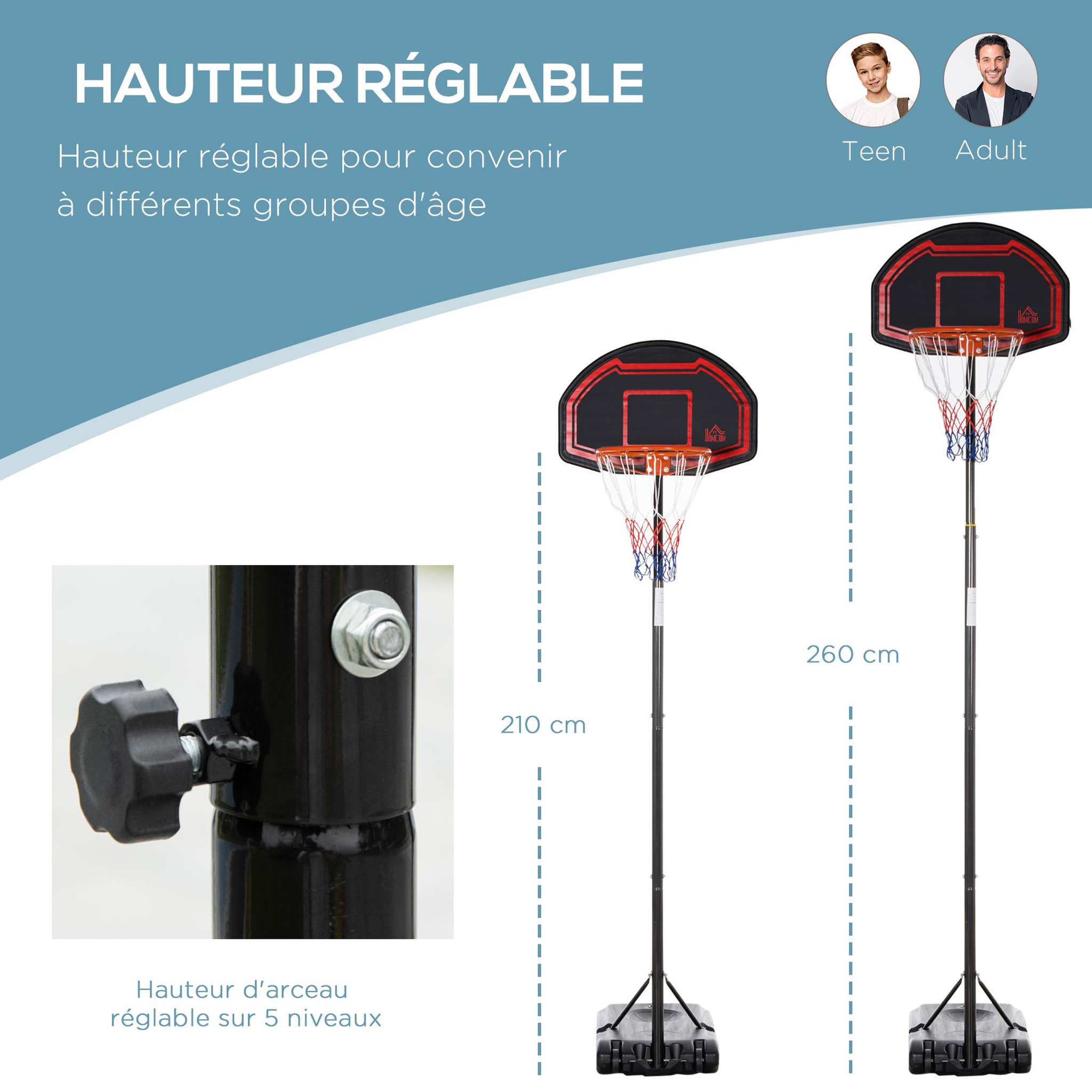 Voir la diapositive 4 : HOMCOM Panier de Basket-Ball sur pied avec poteau panneau - base de lestage sur roulettes - hauteur réglable 5 niveaux 2,45-2,95 m - acier HDPE noir rouge