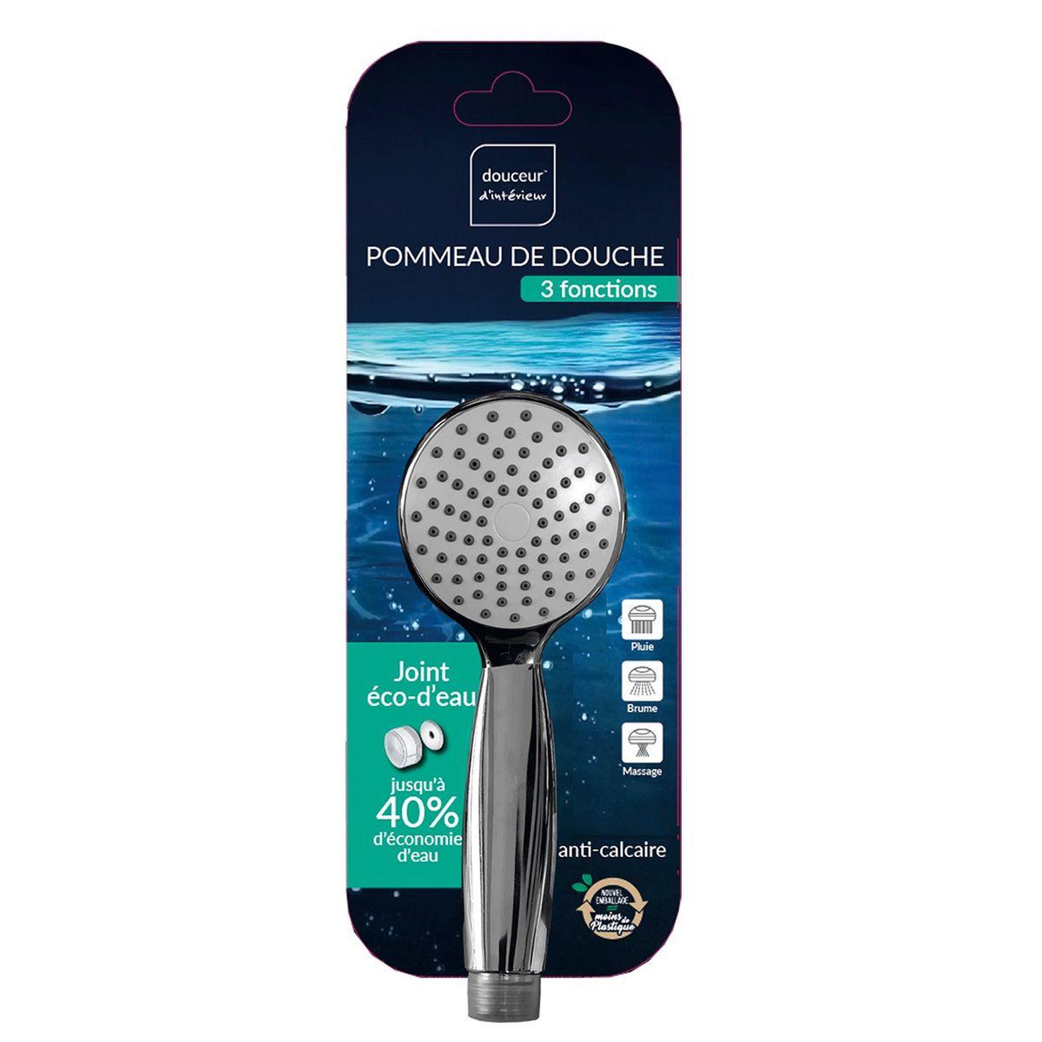 Voir la diapositive 2 : Douceur d'Intérieur Douchette 3 fonctions  eco d'eau  19cm chrome