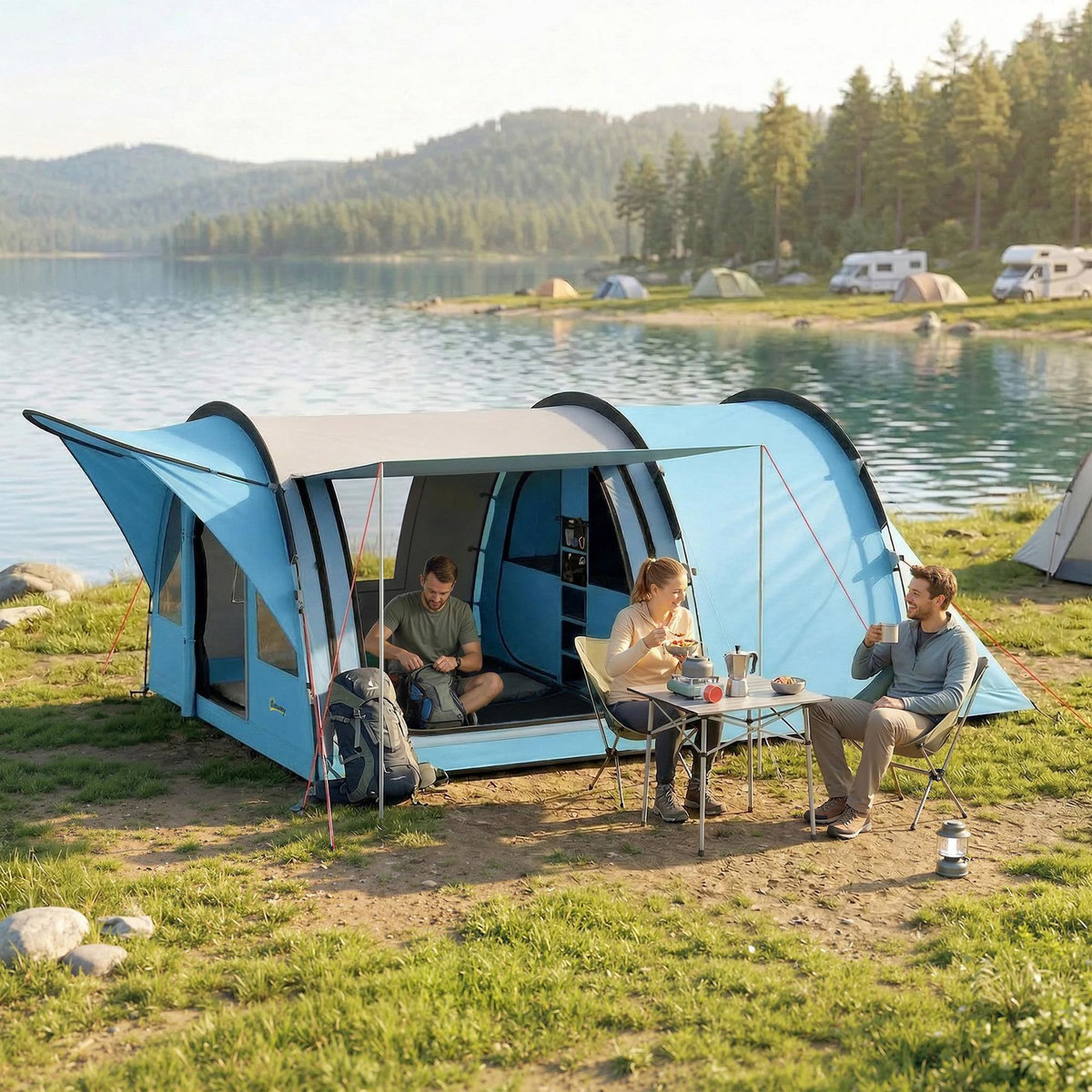 OUTSUNNY Tente camping tunnel 4 pers. imperméable 3000mm - 5,65x3,70x2m - bleu