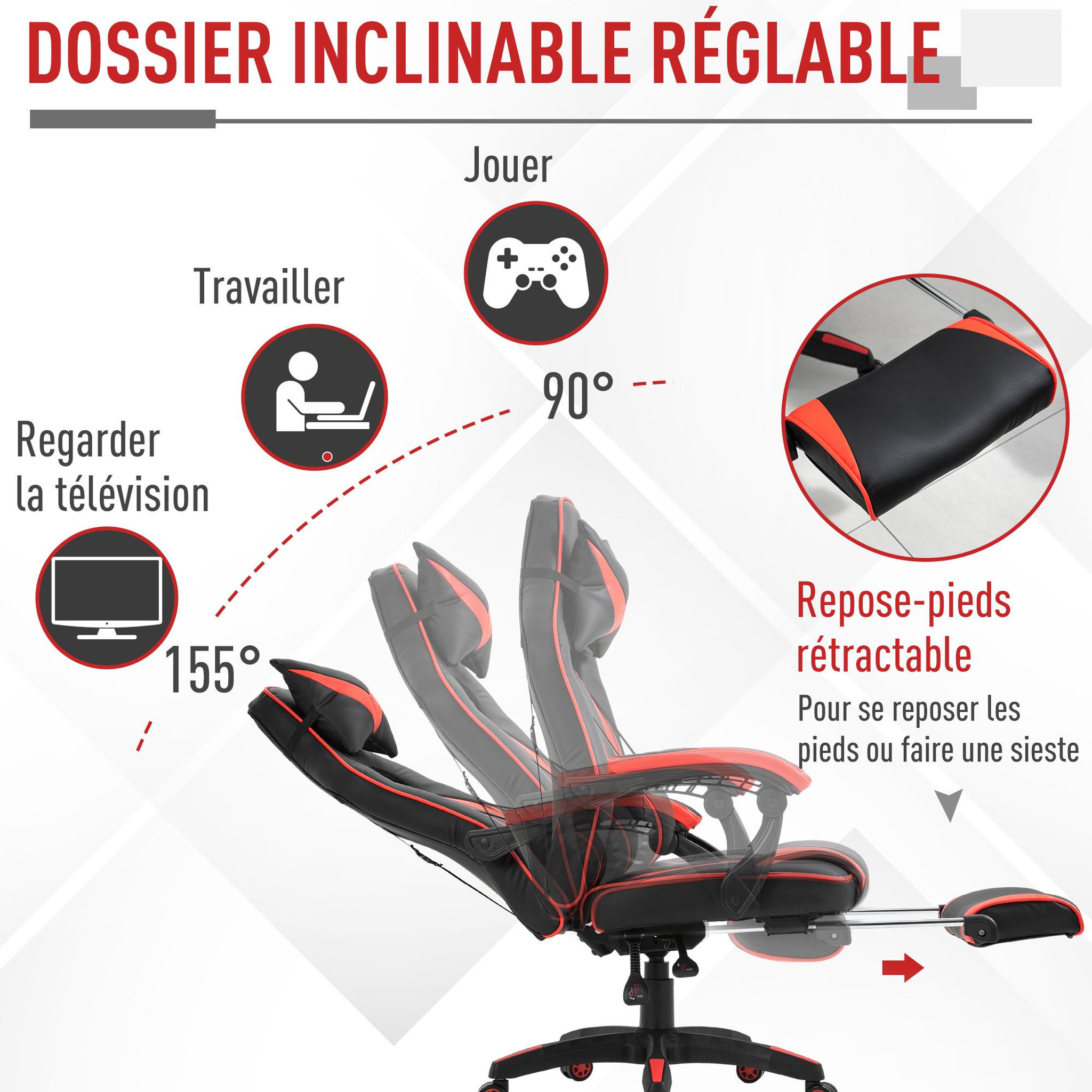 Voir la diapositive 5 : HOMCOM HOMCOM Fauteuil gamer grand confort fauteuil de bureau gamer pivotant inclinable avec coussins et repose-pieds revêtement synthétique noir rouge