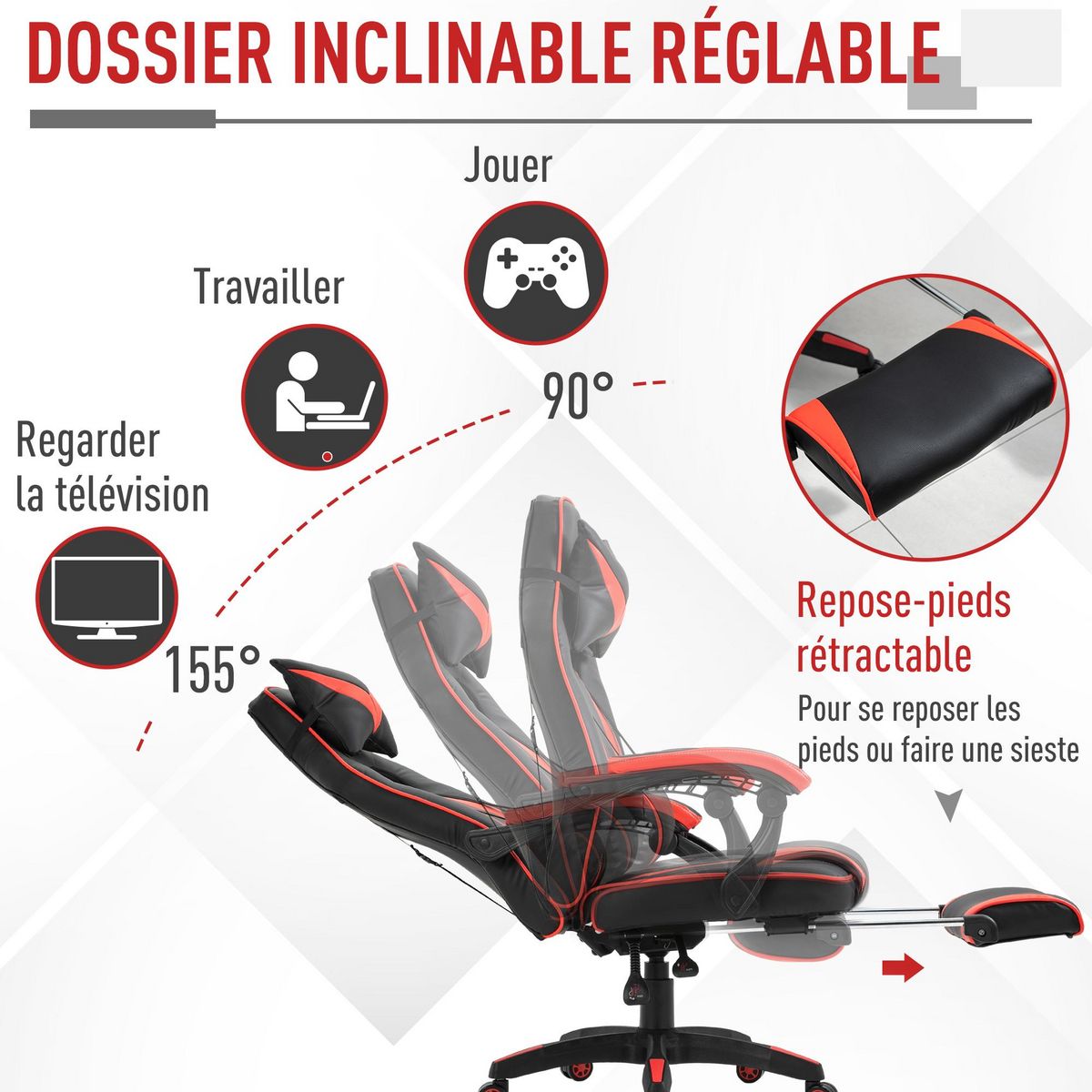 HOMCOM HOMCOM Fauteuil gamer grand confort fauteuil de bureau gamer pivotant inclinable avec coussins et repose-pieds revêtement synthétique noir rouge