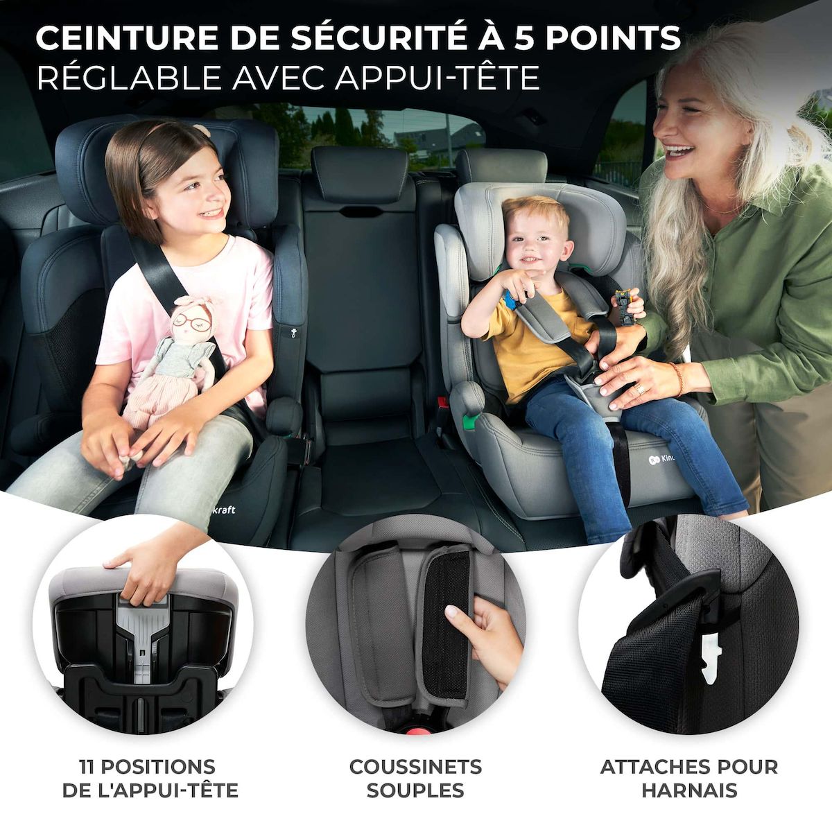 KINDERKRAFT Siège auto évolutif enfant avec harnais de sécurité intégré