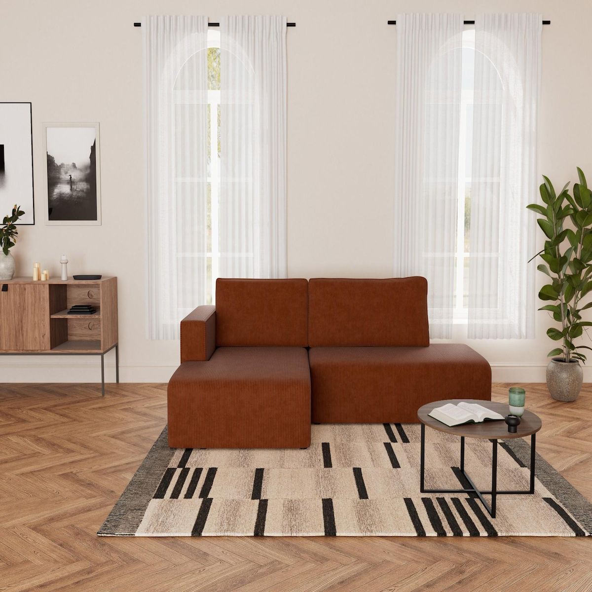 BEST MOBILIER Topaze - canapé d'angle gauche 4 places convertible avec coffre en velours côtelé