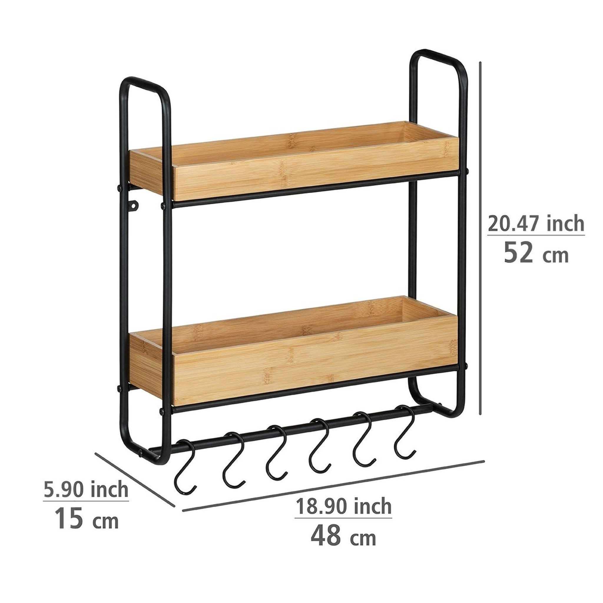 Voir la diapositive 2 : Wenko Etagère murale loft avec 2 tablettes et 6 crochets - en métal et bambou - noir et marron