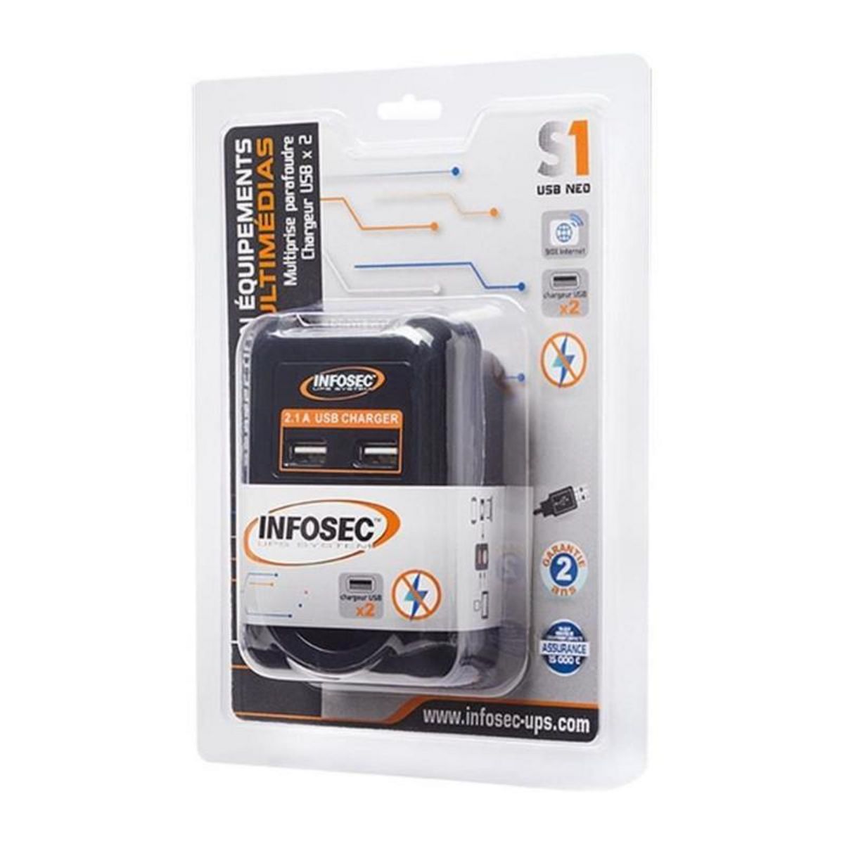 Infosec INFOSEC - S1 USB NEO - Parasurtenseur 1 Prise FR + 2 ports USB - Garantie 2 ans