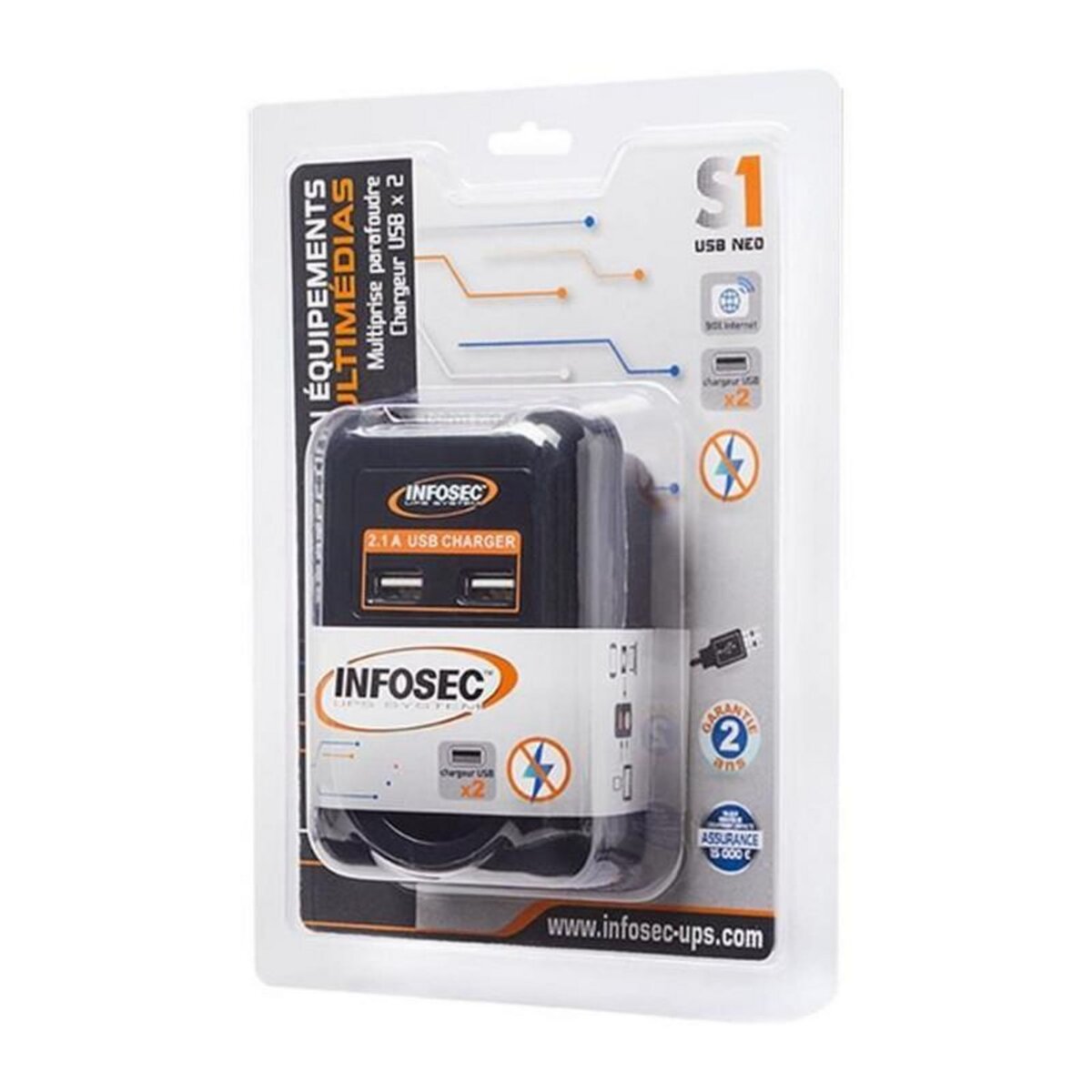 Infosec INFOSEC - S1 USB NEO - Parasurtenseur 1 Prise FR + 2 ports USB - Garantie 2 ans