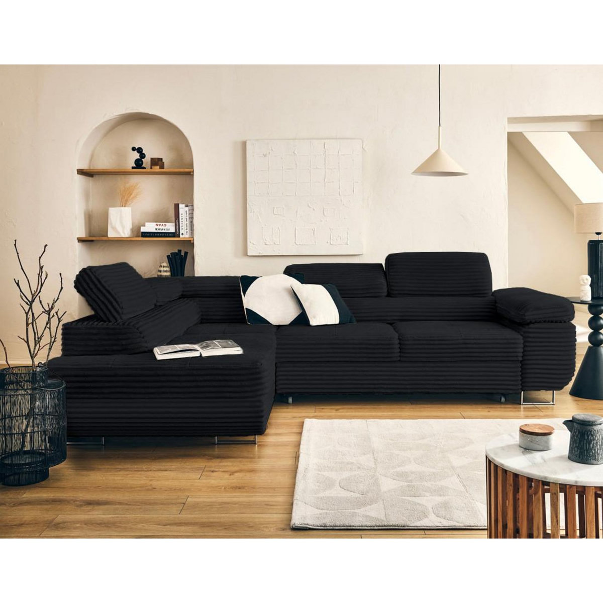 LISA DESIGN Zaria - canapé d'angle gauche 5 places convertible avec coffre et têtières en velours côtelé grosses côtes