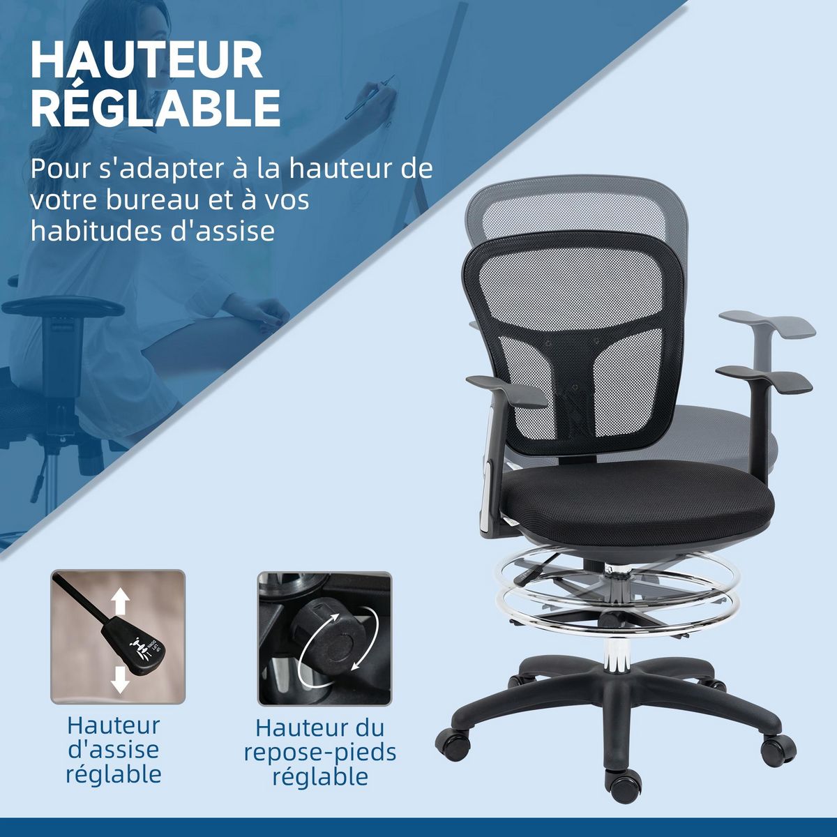 VINSETTO Fauteuil de bureau chaise de bureau assise haute réglable dim. 59L x 59l x 95-115H cm pivotant 360° maille respirante noir