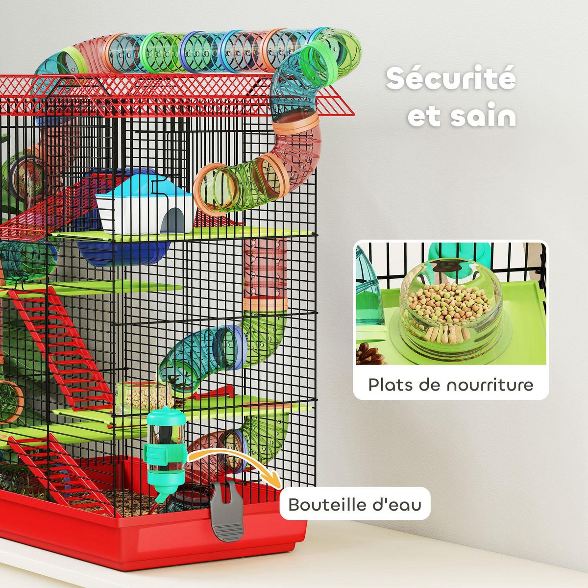 PAWHUT Cage pour hamster souris petits animaux rongeur avec tunnel mangeoire roue jouet 47 x 30 x 59 cm cm bleu