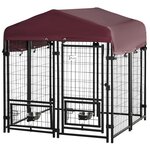 PAWHUT Chenil extérieur pour chien - cage chien - enclos chien - toile toit imperméable anti-UV, porte verrouillable, 2 bols rotatifs - acier noir oxford pourpre