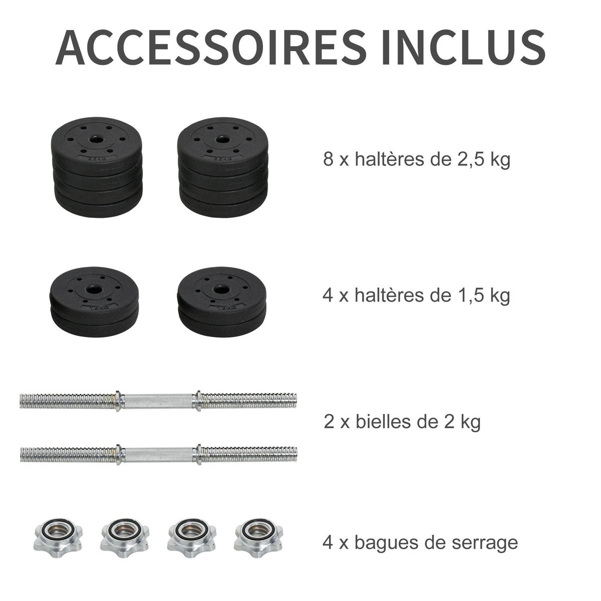 HOMCOM Ensemble d'haltères courtes total 30 Kg - barres incluses - entraînement musculaire & haltérophilie - acier PU noir