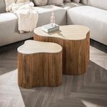 LISA DESIGN Jade - lot de 2 tables basses gigognes effet travertin - pieds en bois massif de manguier - 90 et 61 cm. Coloris disponibles : Marron