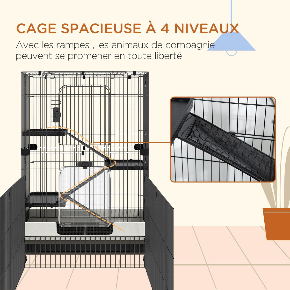 PAWHUT Cage pour petits animaux roulante 3 plates-formes démontables 3 rampes plateau inférieur amovible métal PP 182 x 81 x 114 cm noir